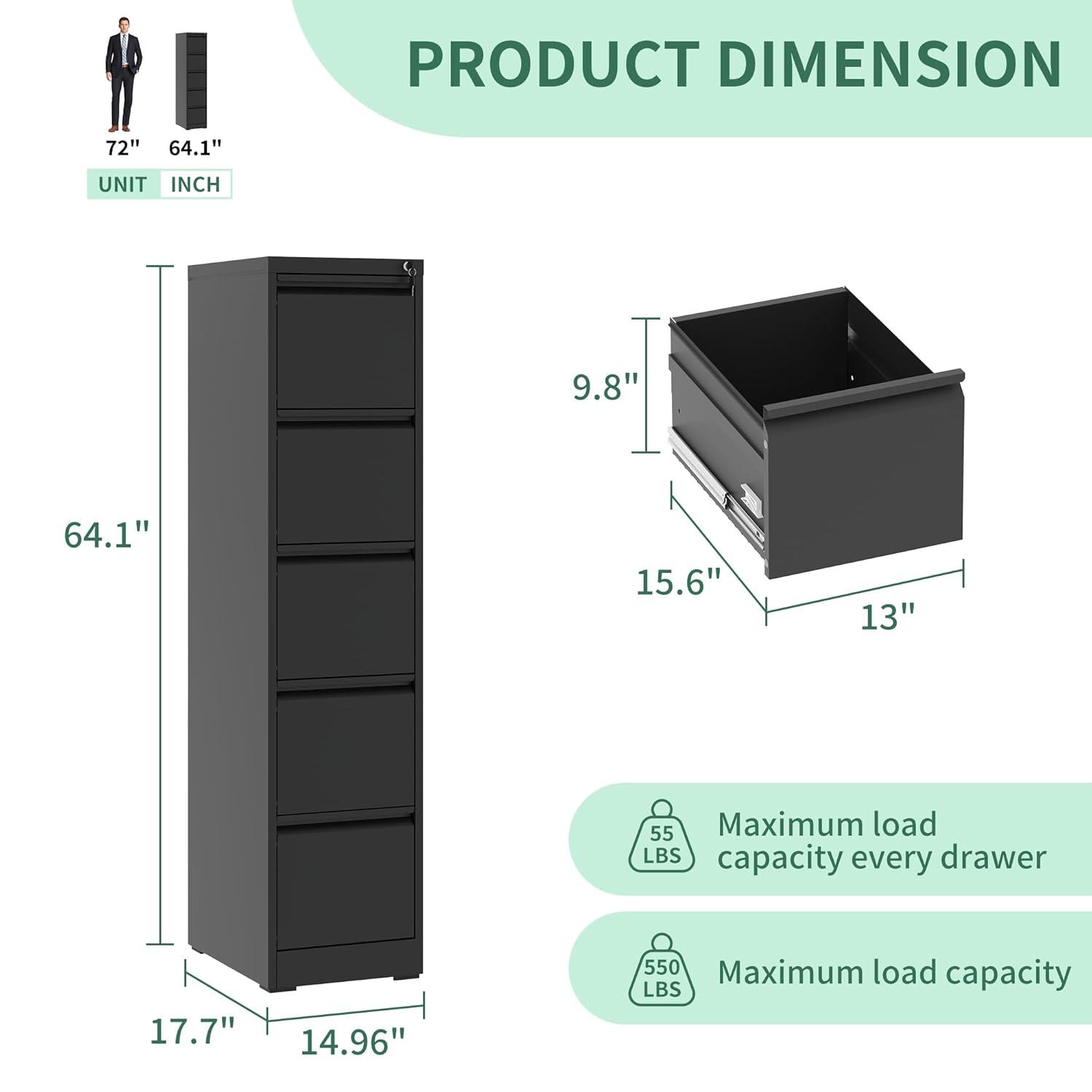 Yiyuanjin 5 Drawer Vertical Metal File Cabinet with Lock for A4 Legal/Letter Size, Black