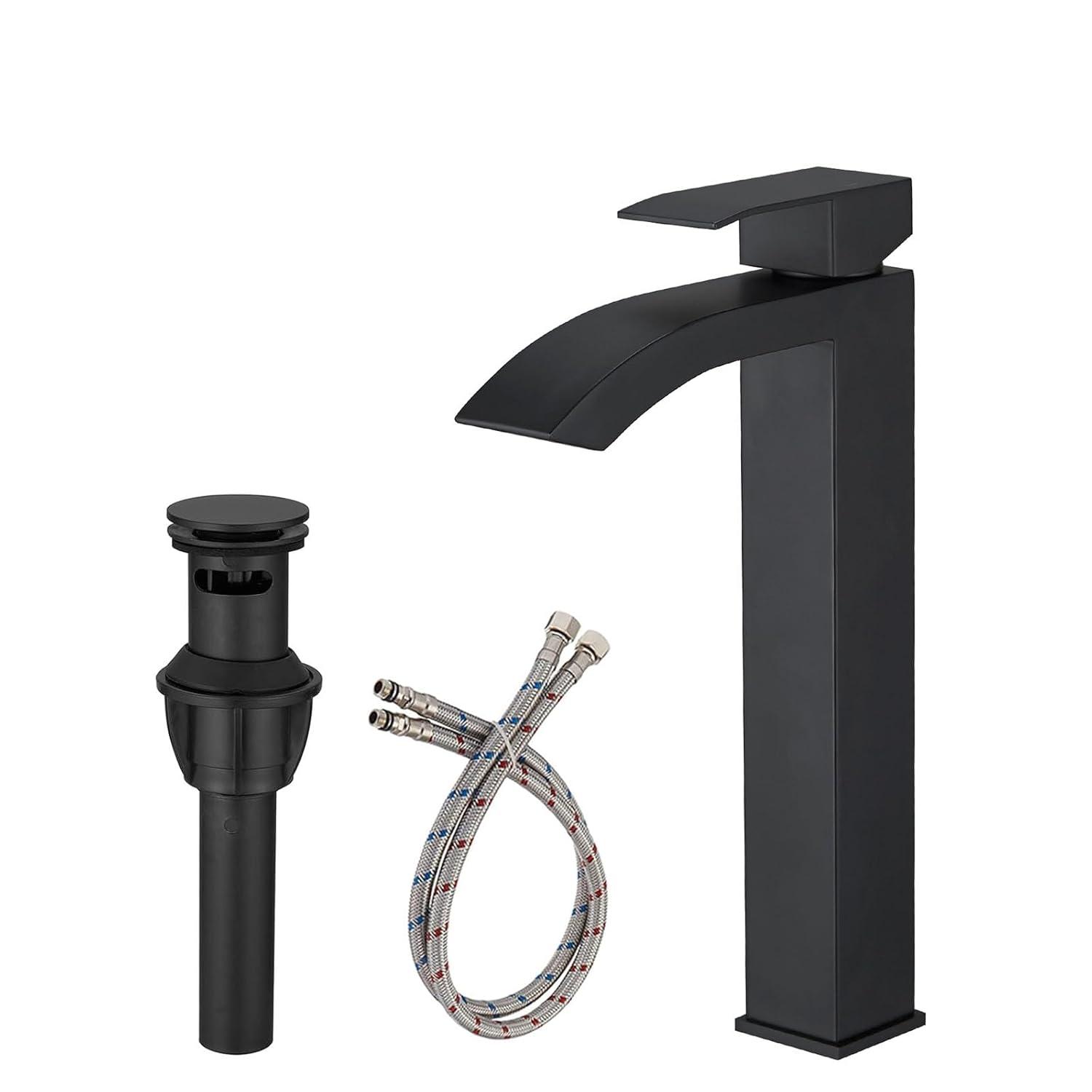 Waterfall Bathroom Faucet Single Handle，Bathroom Sink Faucet 1 Hole，Waterfall Faucet for Bathroom Sink，Vessel Sink Faucet Matte Black Tall Bathroom Faucet