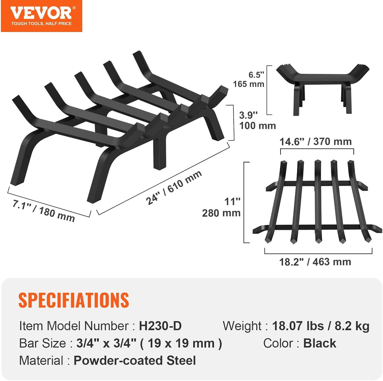 24'' Black Heavy Duty Steel Fireplace Grate with 6 Legs