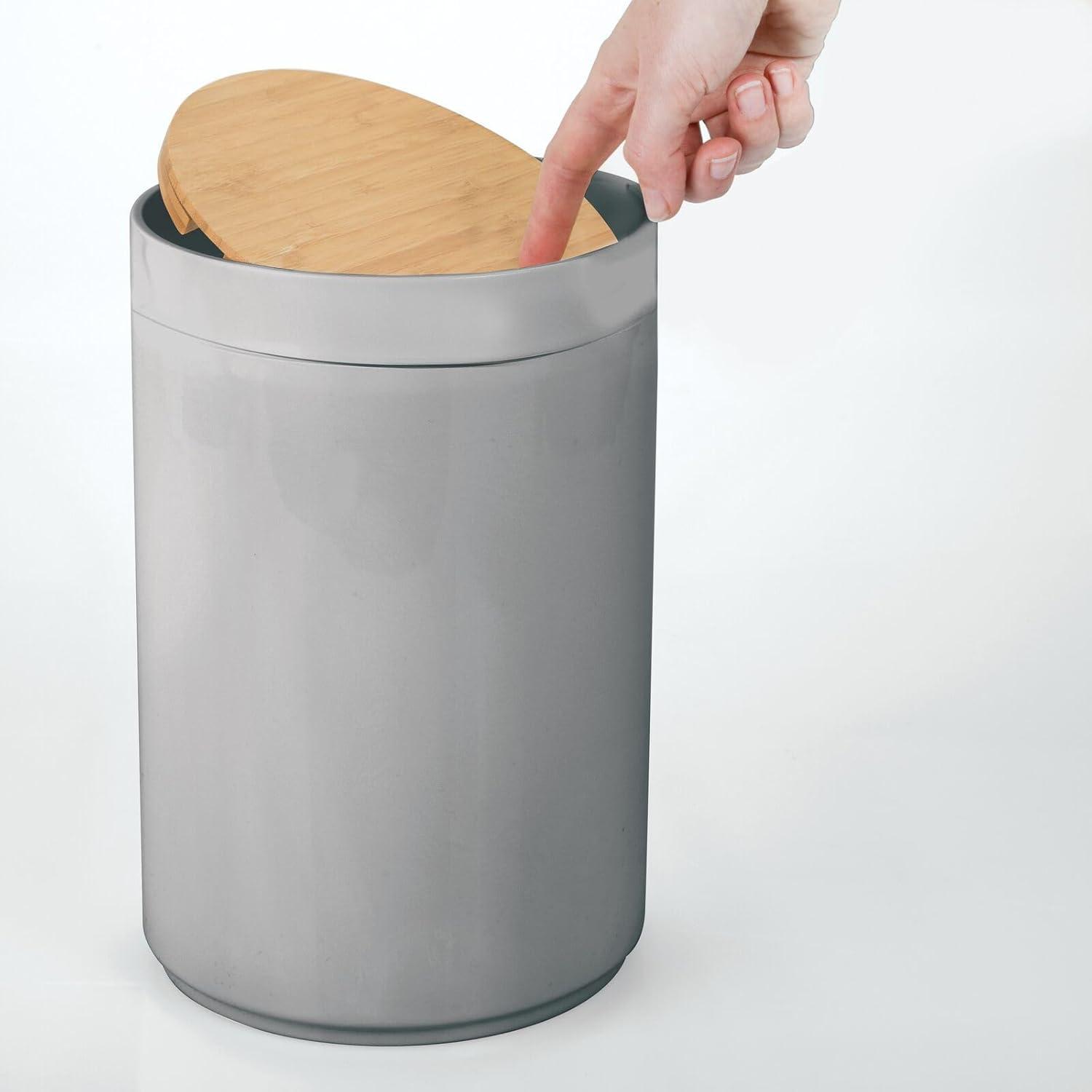 mDesign Plastic Round Trash Can Small with Swing-Close Lid - Gray/Natural