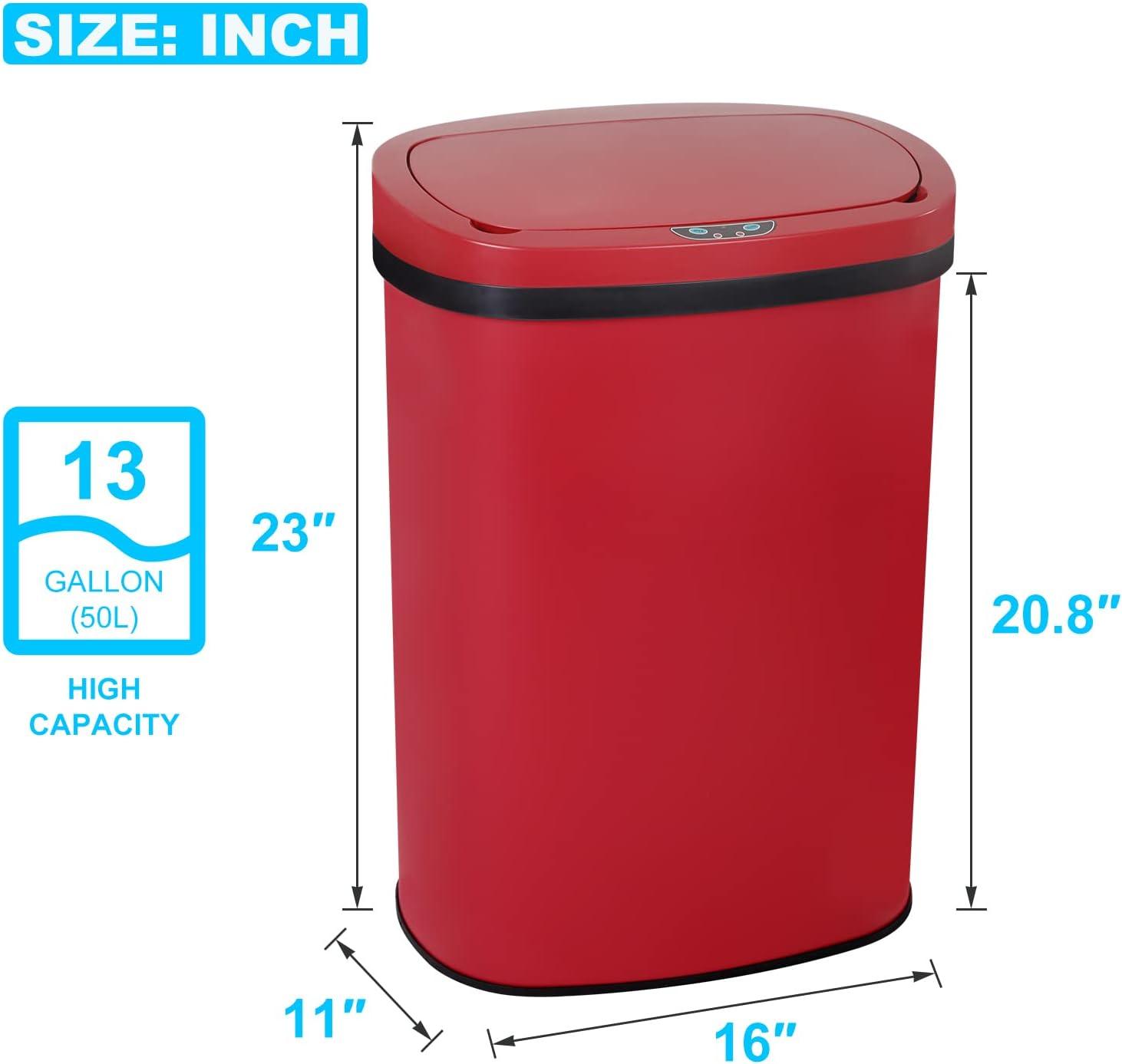 13 Gallon Red Touchless Stainless Steel Trash Can