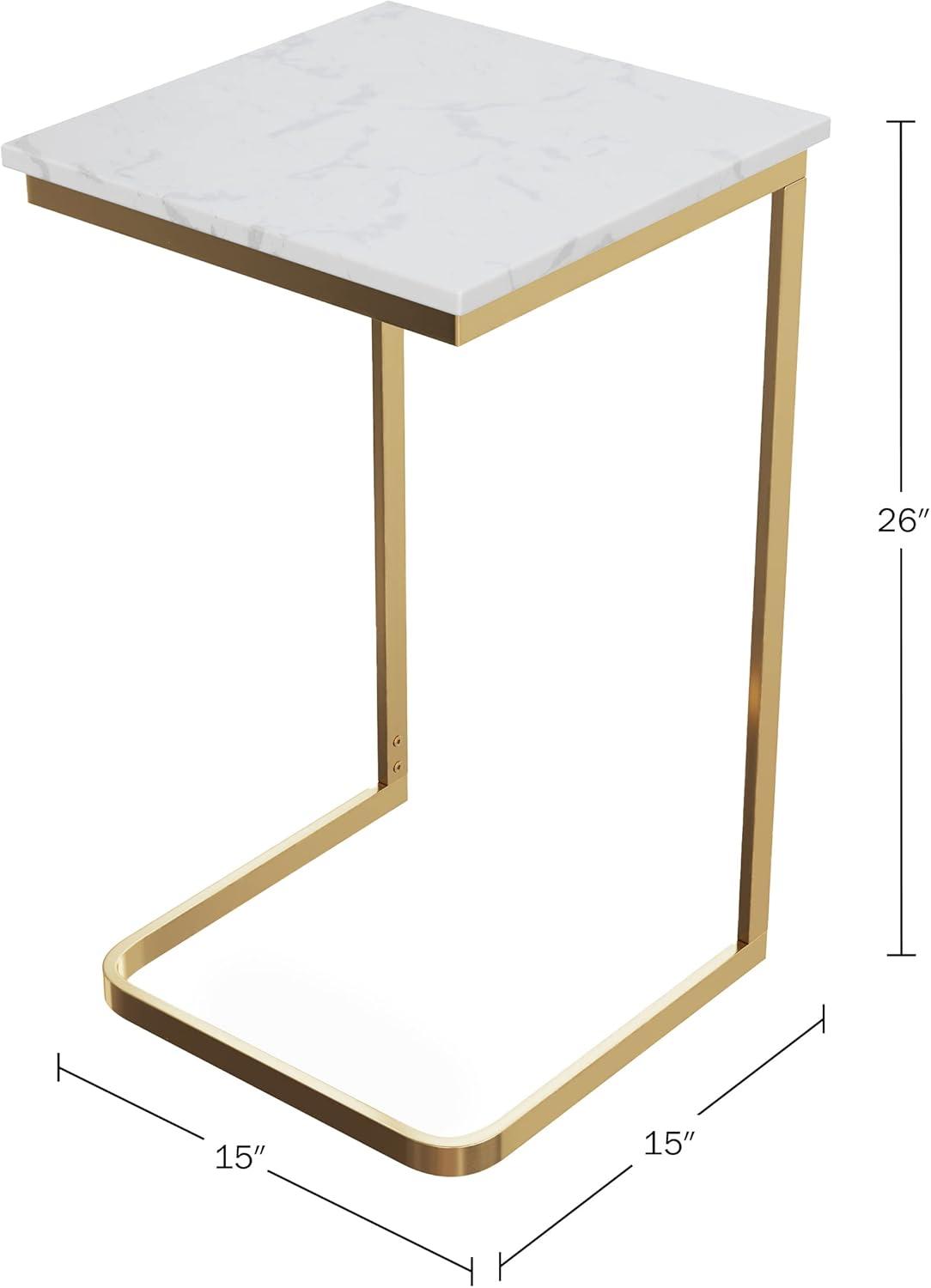 C-Shaped End Table - Real Marble Side Table with Gold Iron Frame for Couch, Loveseat, or Bed - Modern Living Room Furniture by Lavish Home (White)