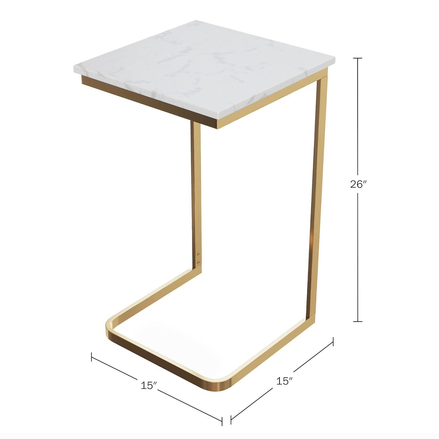 C-Shaped End Table - Real Marble Side Table with Gold Iron Frame for Couch, Loveseat, or Bed - Modern Living Room Furniture by Lavish Home (White)