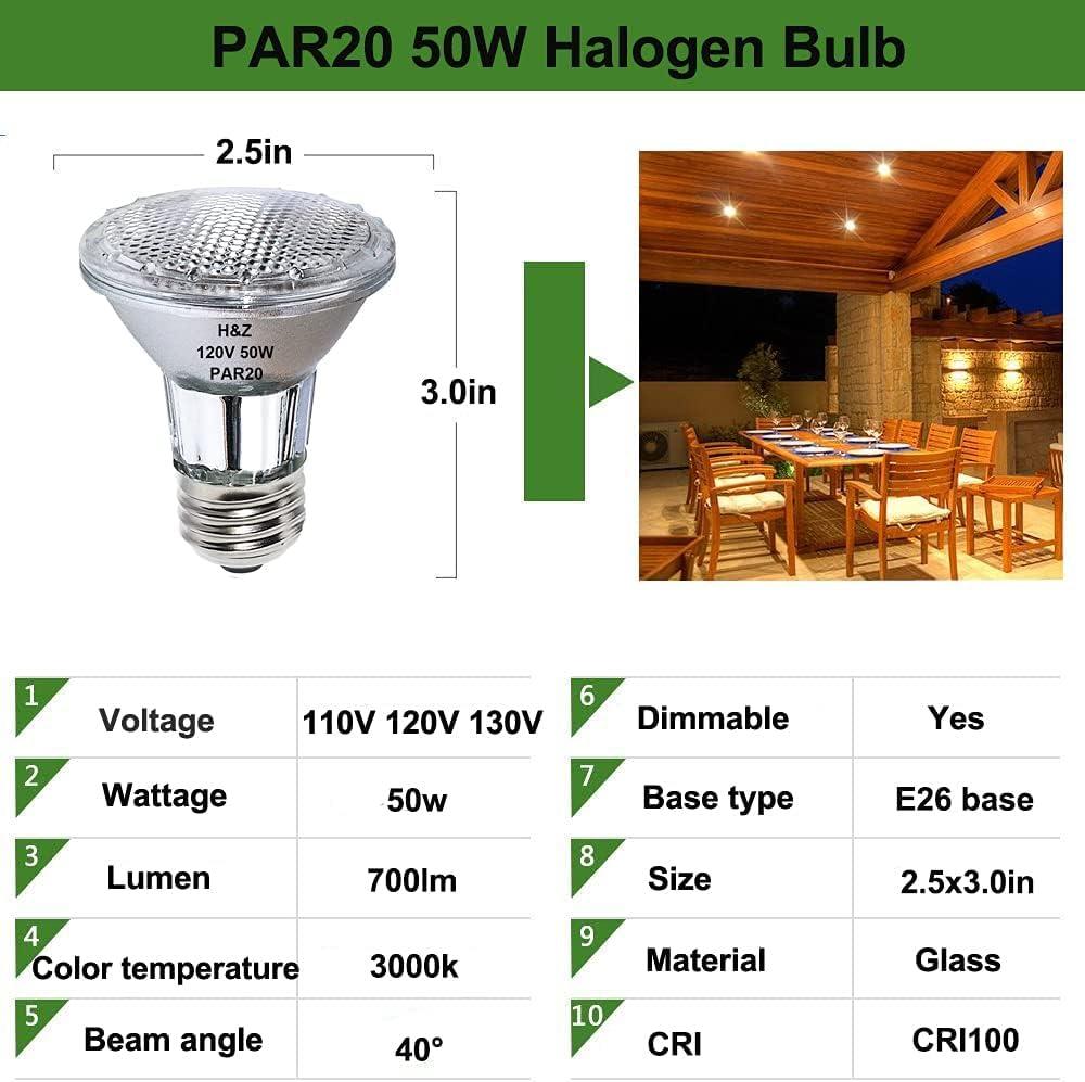 6PCS Par20 Halogen 50W 120V Dimmable, Long Lifespan E26 Par20 Light Bulb with 3000K Warm White for Indoor/Outdoor