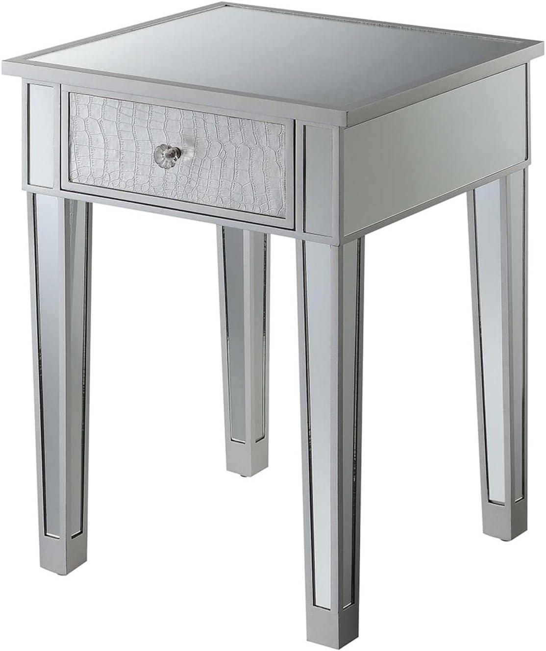 Gold Coast End Table with Drawer in Mirrored Glass and Gray Wood Trim