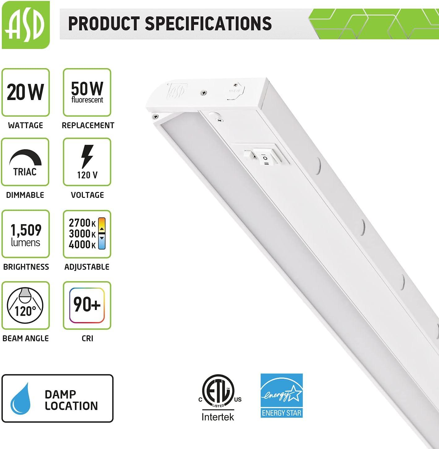 ASD Swivel LED Under Cabinet Lighting, 40 Inch 20W, Hardwired or Plug-in, 2700K/3000K/4000K Selectable, Rotatable Lens, Dimmable Linkable Under Counter Light for Kitchen, ETL & Energy Star