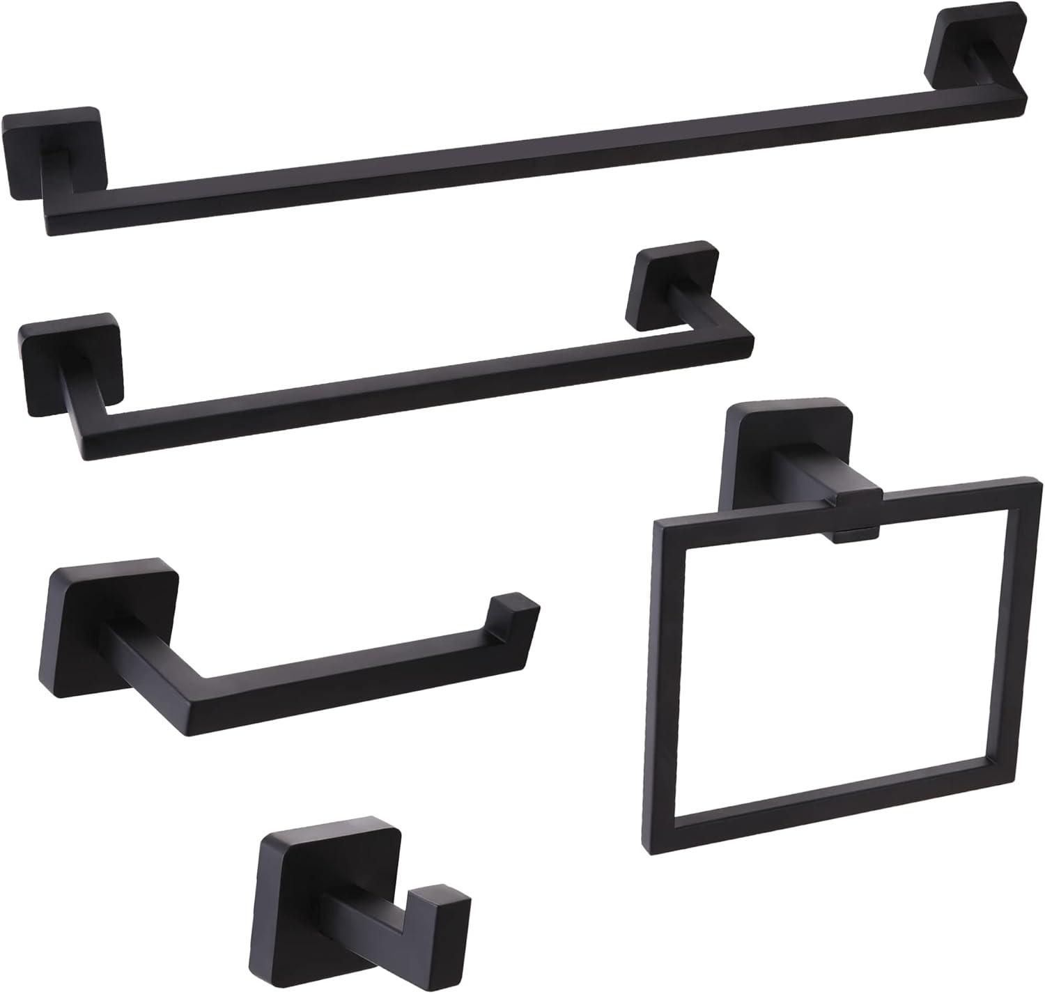 Matte Black Bathroom Hardware Set,5-Piece Towel Racks for Bathroom 23.6" Wall Mount Bathroom Accessories Include Towel Bar,Towel Rack Ring,Toilet Paper Holder,2*Robe Hook