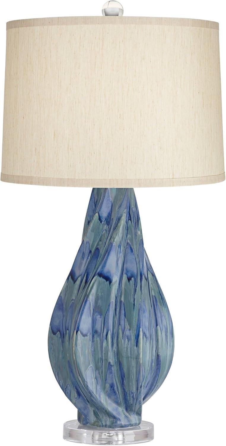 Teal Blue Drip Ceramic Table Lamp with Beige Shade