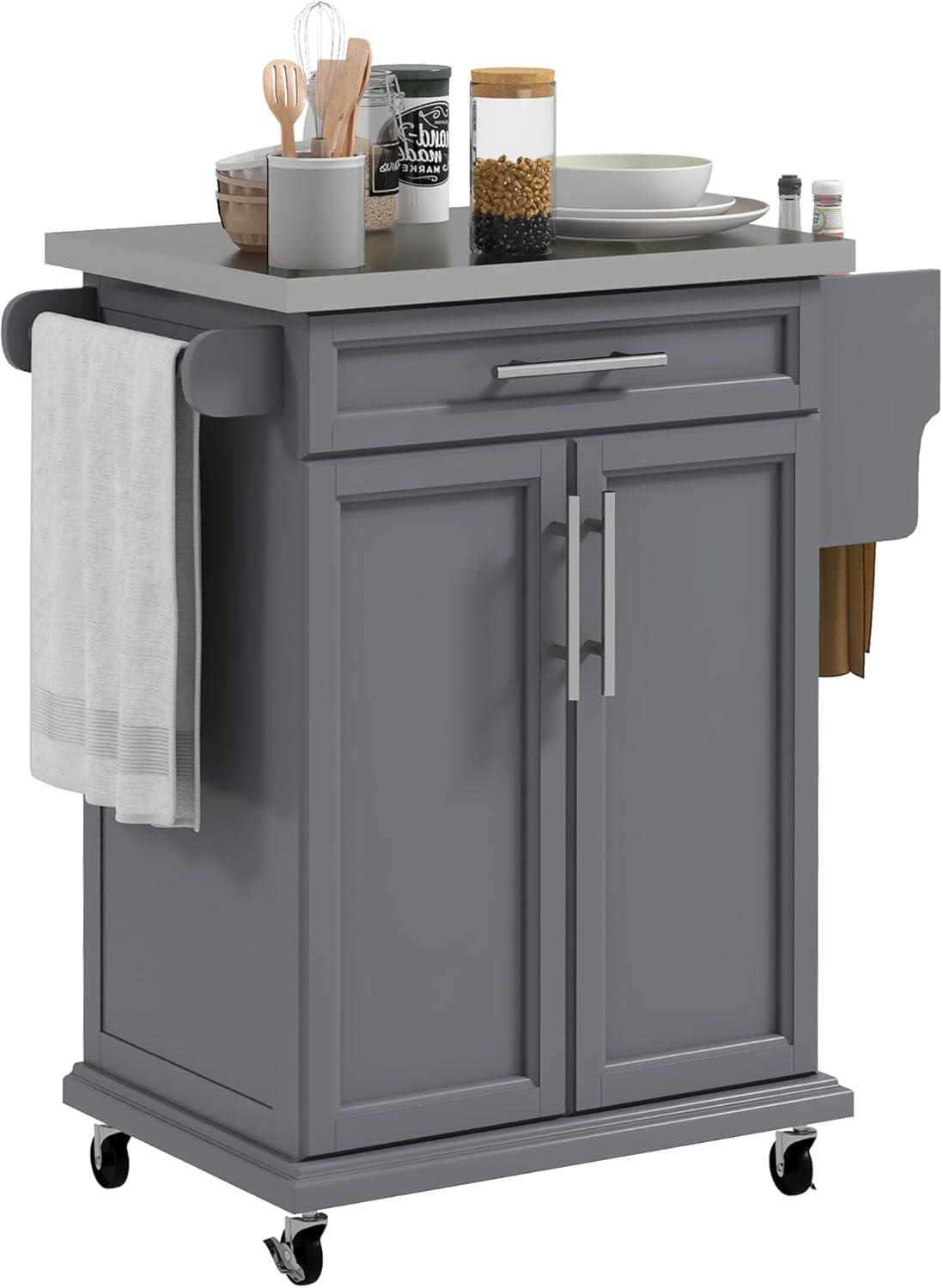 Kitchen Island with Wheels, Rolling Kitchen Cart with Stainless Steel Countertop, Drawer, Towel Rack and Spice Rack, Storage Trolley, Grey