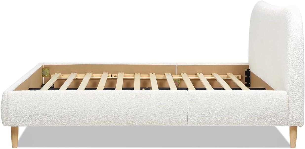 Ivory White Boucle Upholstered Queen Platform Bed with Curved Headboard