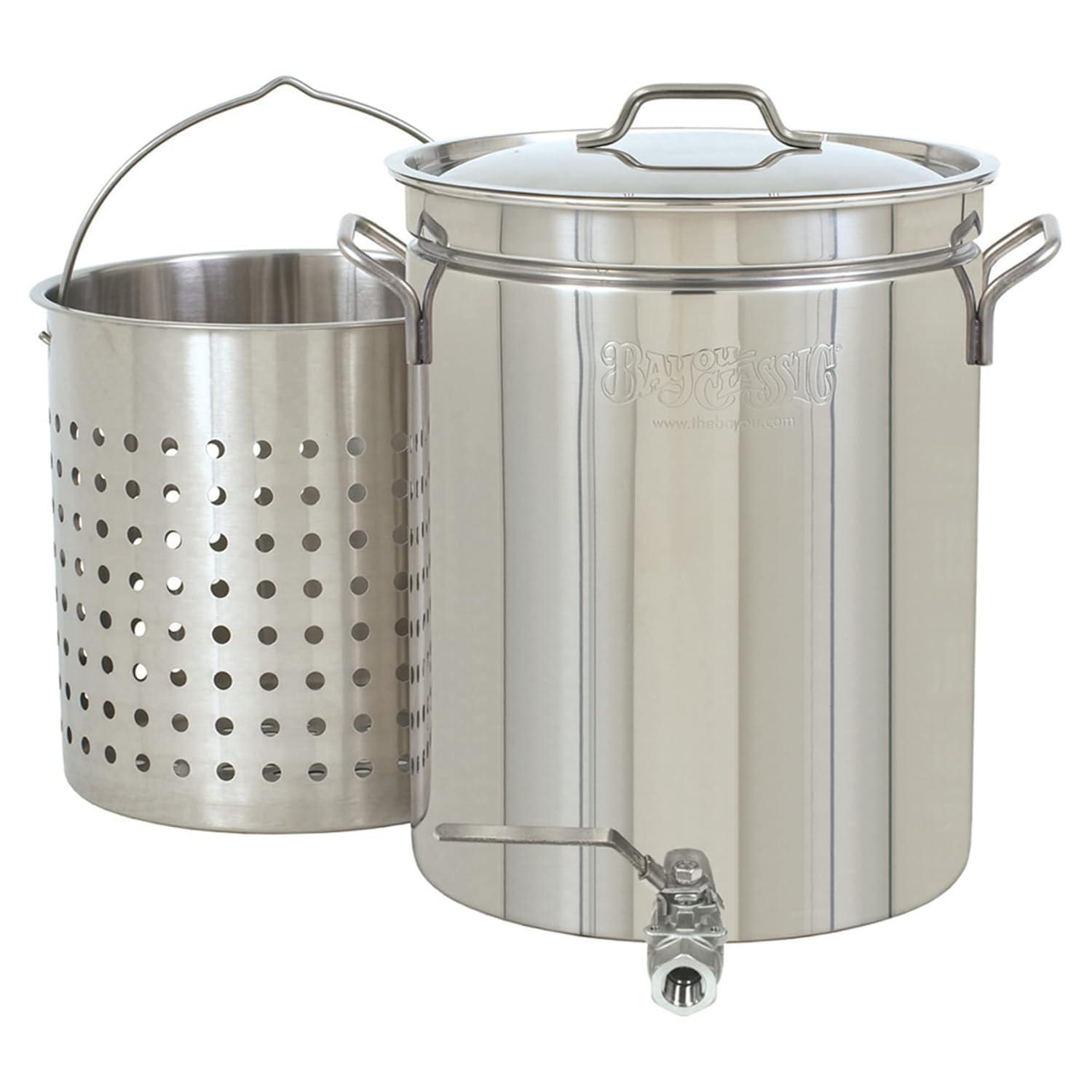 Bayou Classic 1140 40-qt Stainless Stockpot w/ Elevated Steam Basket and Spigot Features Stainless Ball Valve Spigot