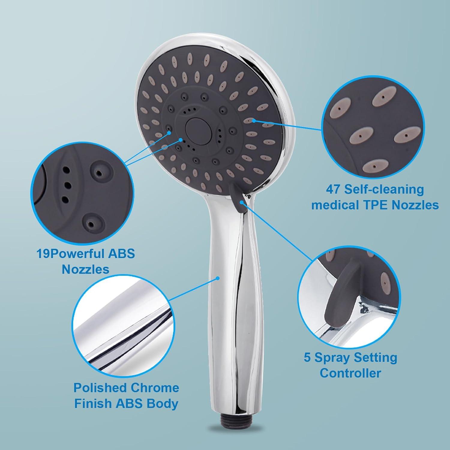 Chrome Handheld Shower Head with Filter and 5 Spray Modes