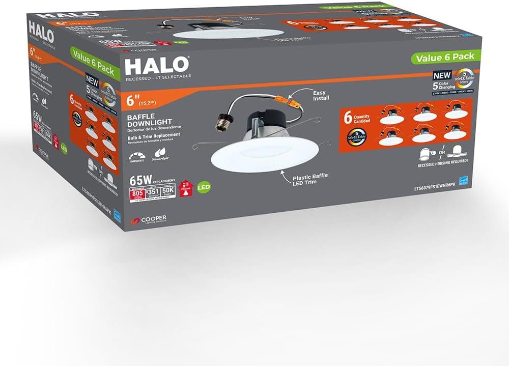 HALO LT 5/6 in. LED Recessed Light Retrofit with Baffle Trim Selectable 5CCT 750-Lumens, 6PK