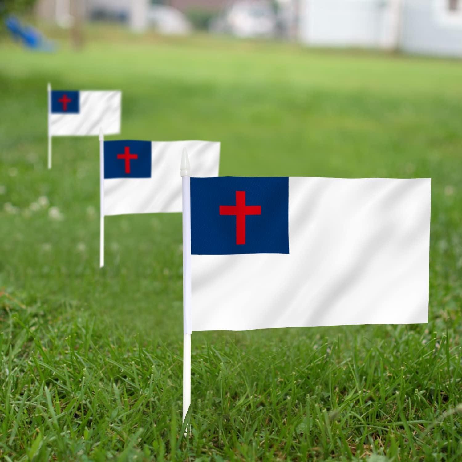 Anley Christian Mini Flag 12 Pack - Hand Held Small Miniature Christian Flags 5" x 8"