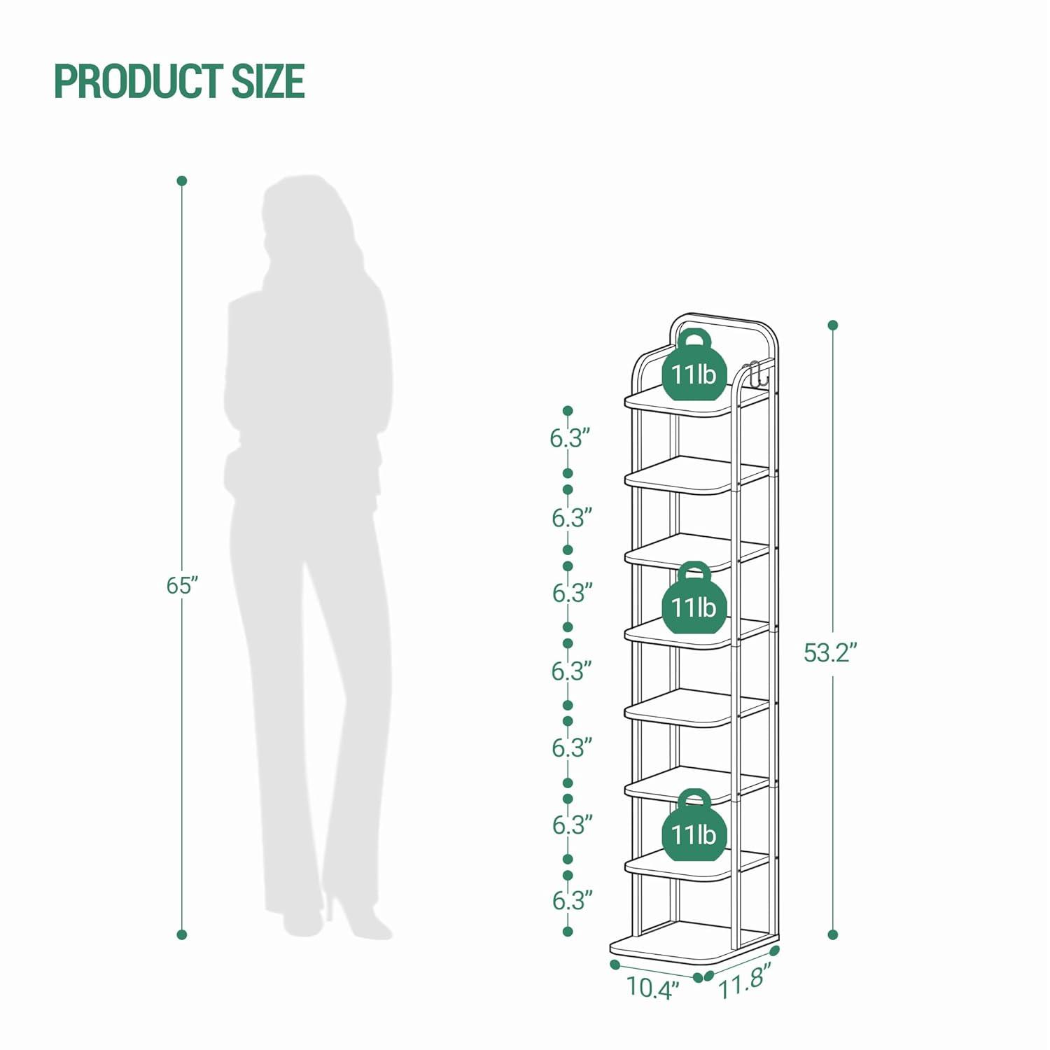17 Stories Vertical Shoe Rack, Shoe Shelves, Wood Shoe Organizer For Closet, Entryway, Shoe Tower For Small Spaces, Free Standing, Adjustable, With 2 Hooks, 6 Tier Rustic Brown