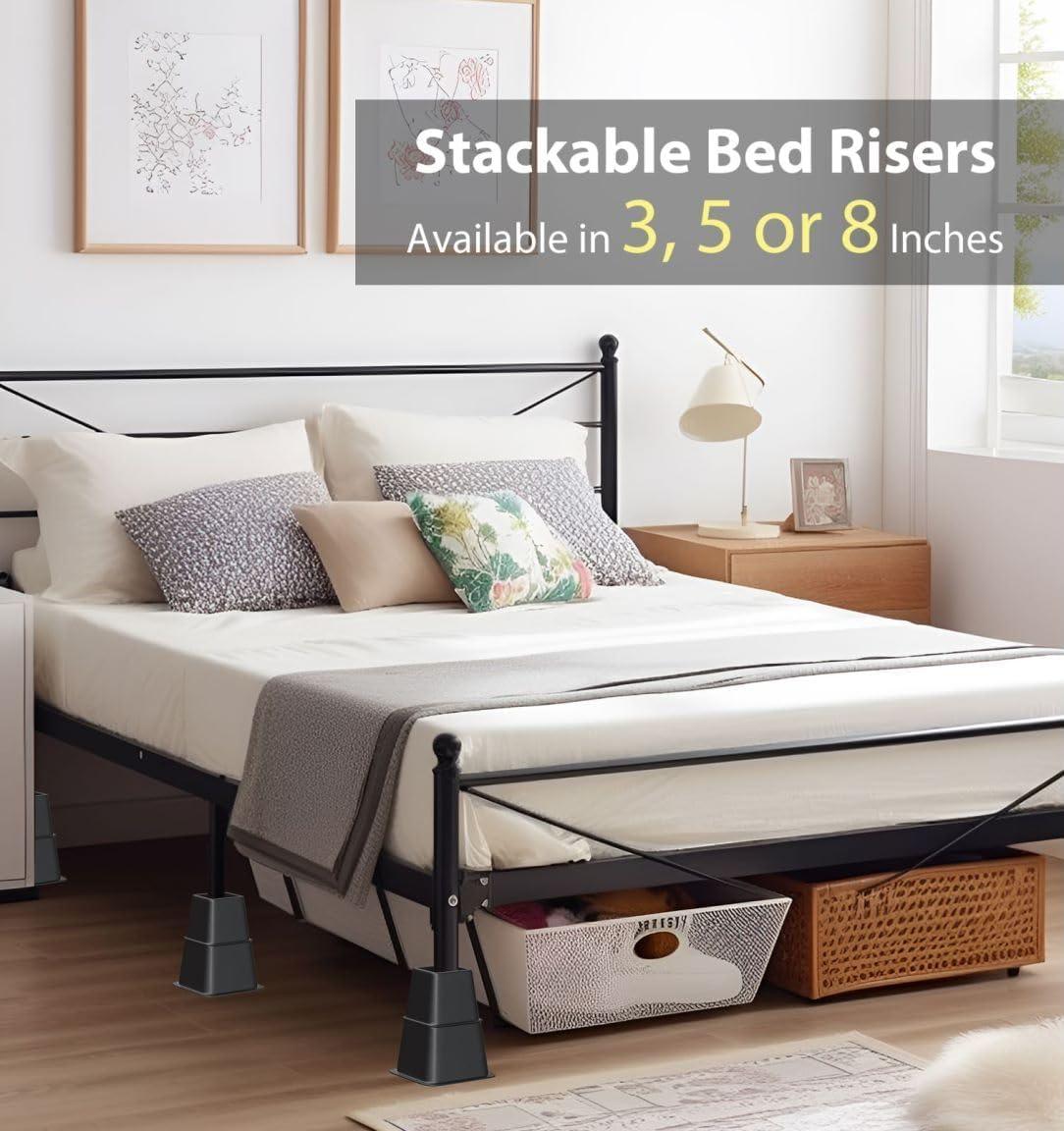8 Pack Bed Risers, Heavy Duty Bed Furniture Risers, Adjustable Bed Elevators in Heights 3 or 5 inch, Stackable Risers for Sofa, Chair, Desk, Table Legs, Black