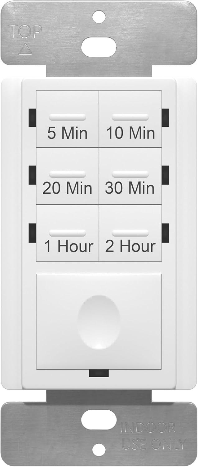 ENERLITES 2-Hour Countdown Timer Switch, 5-10-20-30 Min, 1-2 Hr, for Bathroom Fans, Heaters, Lights, LED Indicator, 120VAC 800W, No Neutral Wire Required, UL Listed, HET06-J-2H-W, White