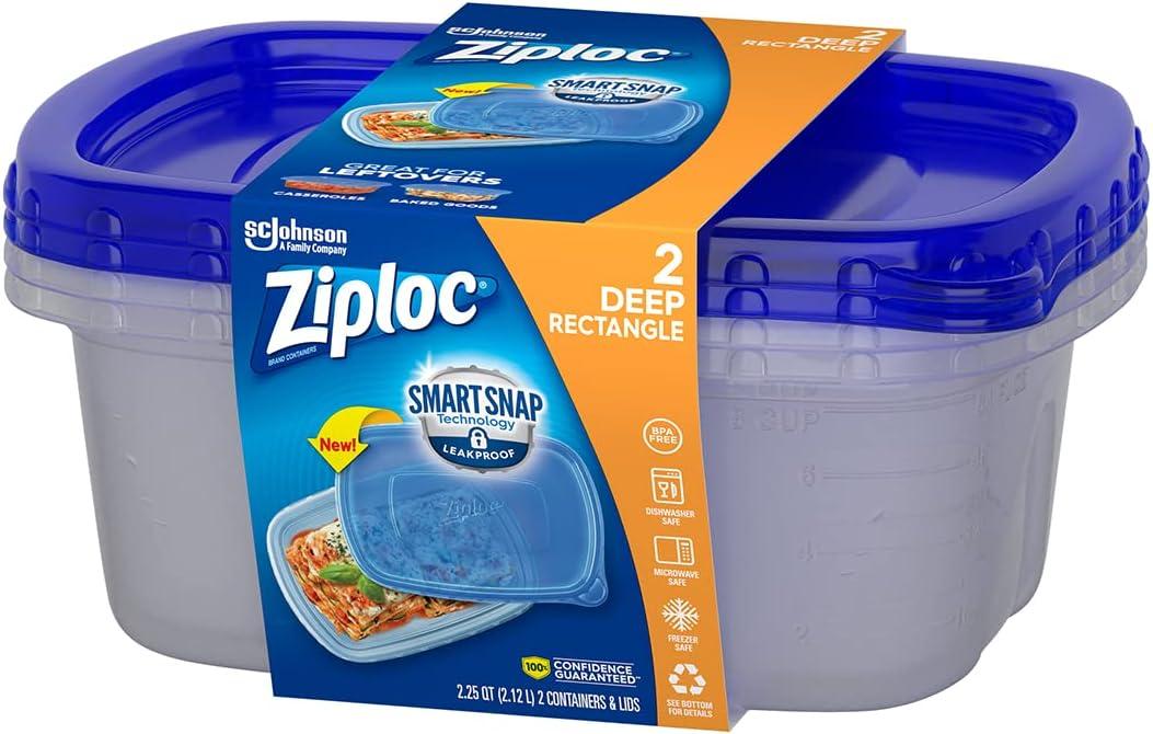 Ziploc® Brand, Food Storage Containers with Lids, Smart Snap Technology, Large Rectangle, 2 ct