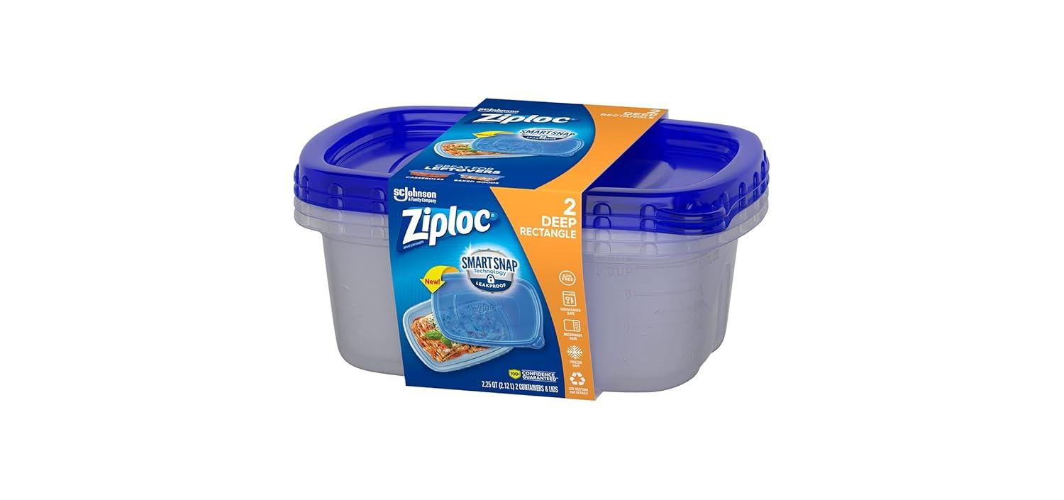 Ziploc® Brand, Food Storage Containers with Lids, Smart Snap Technology, Large Rectangle, 2 ct