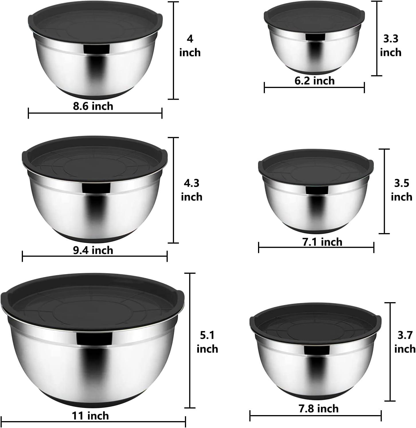 6-Piece Black Stainless Steel Mixing Bowl Set with Lids and Graters