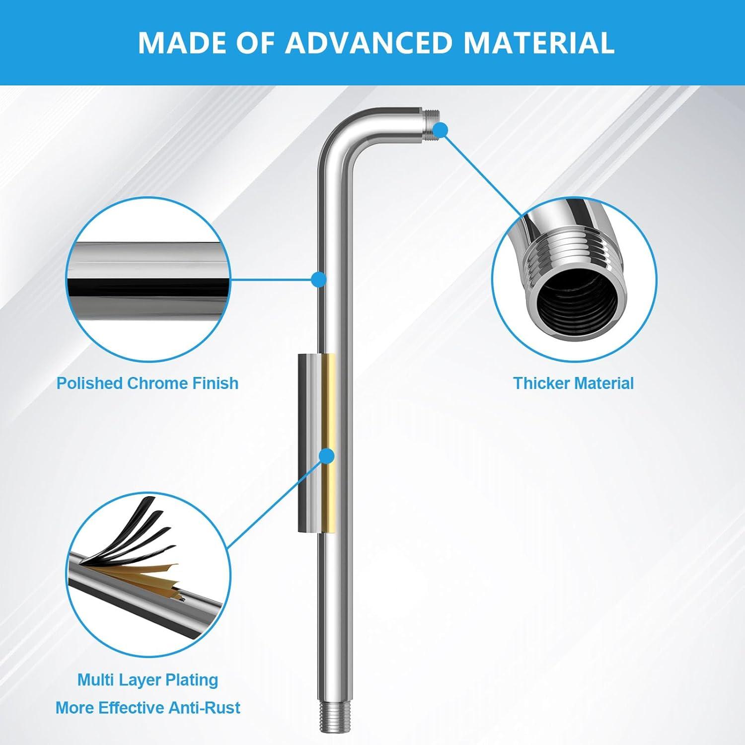 Lordear Shower Arm Chrome 16 Inch Shower Extension Arm L Shape Polished Chrome Stainless Steel Long Shower Head Extension Tube, Shower Extender Arm with Flange