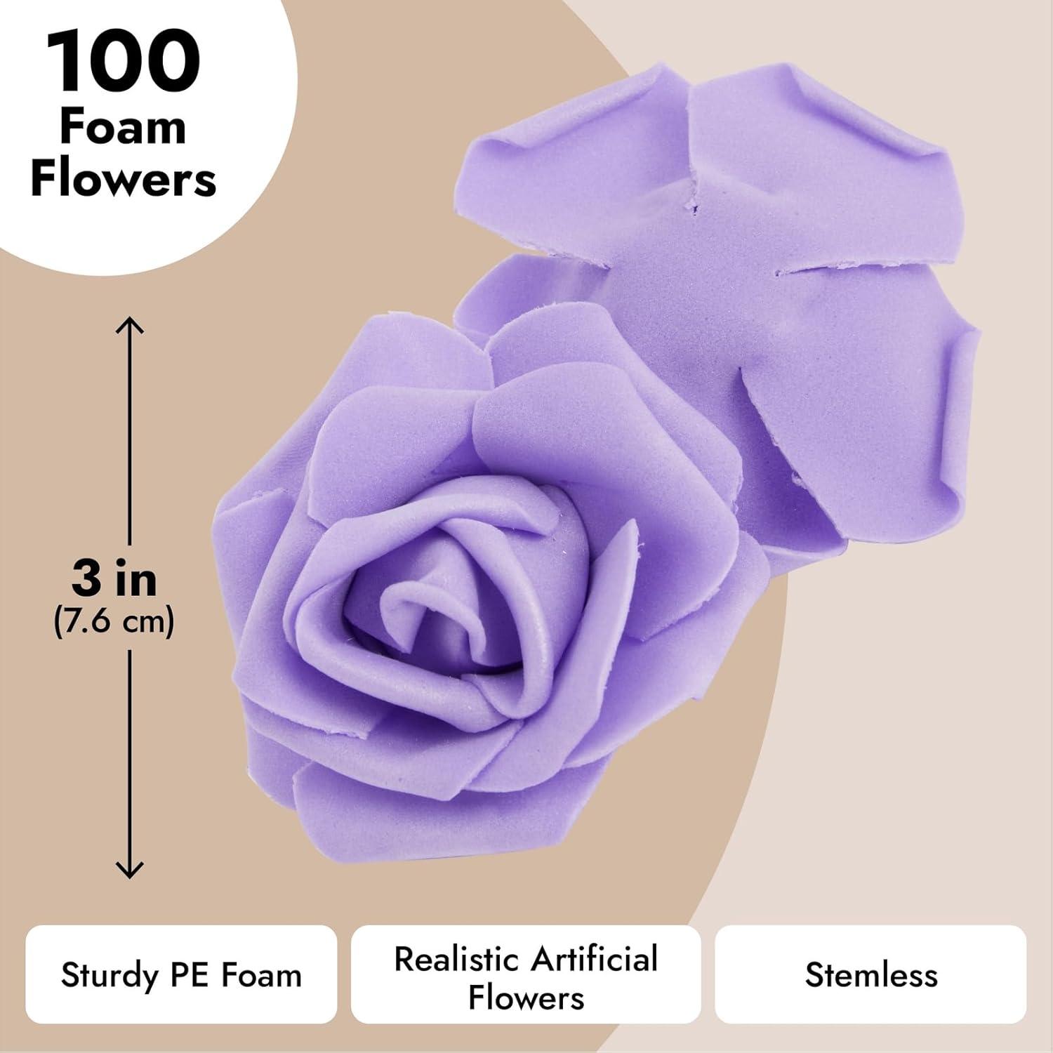 Juvale 100 Pack Purple Artificial Flowers, Bulk Stemless Fake Foam Roses for Wedding, Decorations, Bouquets, 3 in