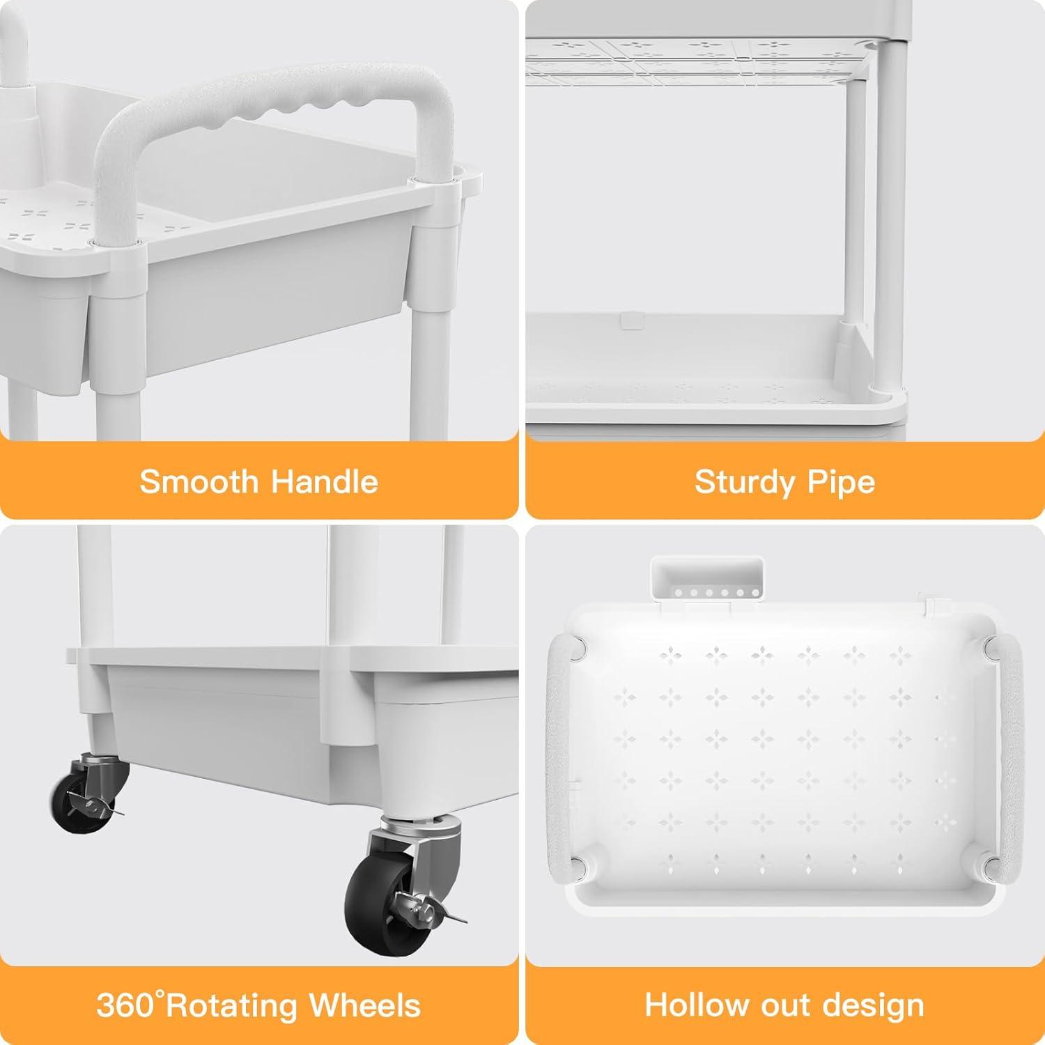 White 3-Tier Rolling Utility Cart with Handle and Storage