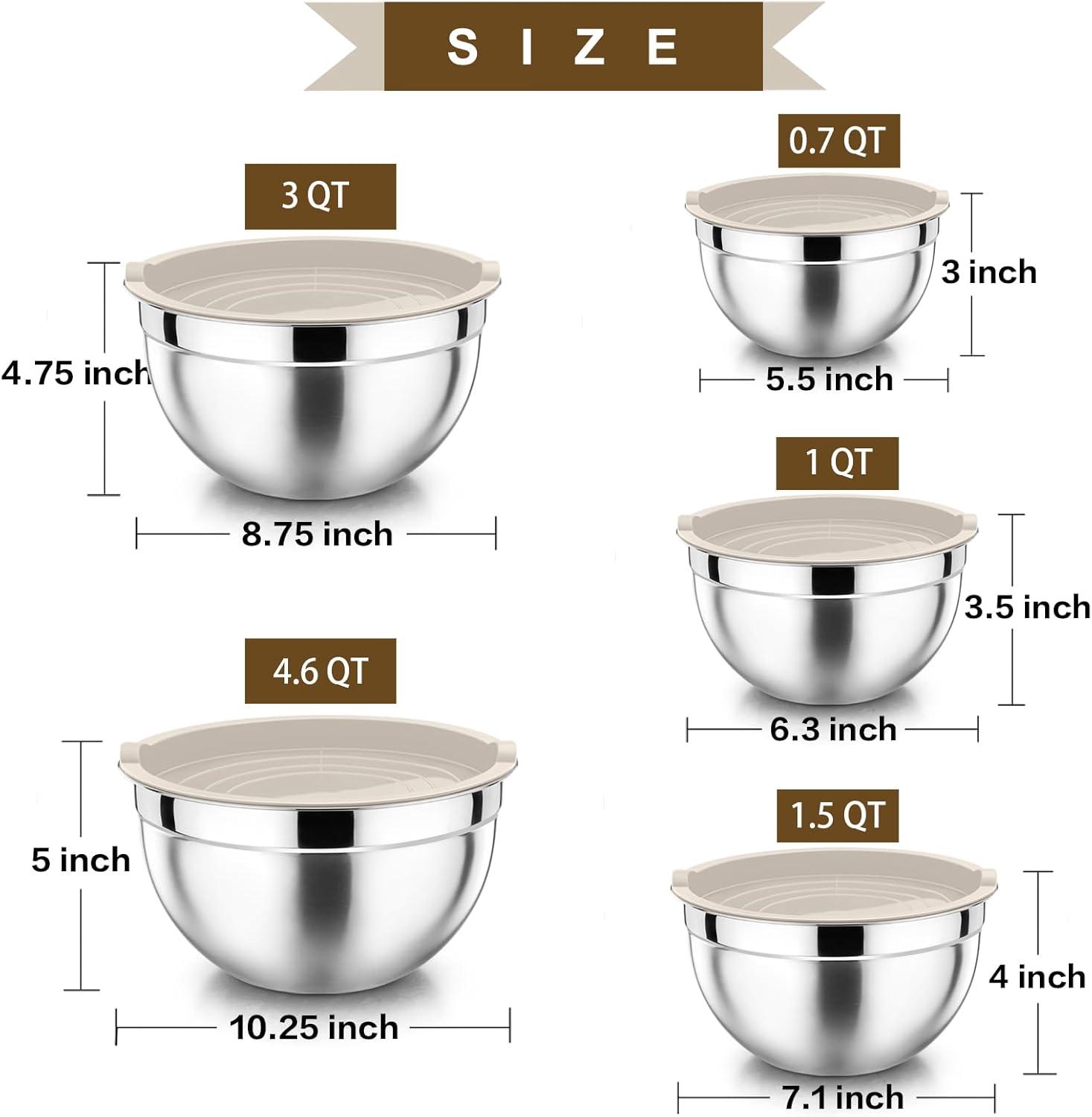 Toledo Bath & Kitchen Stainless Steel Mixing Bowls With Lids, 5-Pack Metal Nesting Bowls With Airtight Covers For Cooking, Baking, Serving, Storage, Non-Toxic & Dishwasher Safe, Size 4.6/3/1.5/1/0.7QT - Khaki