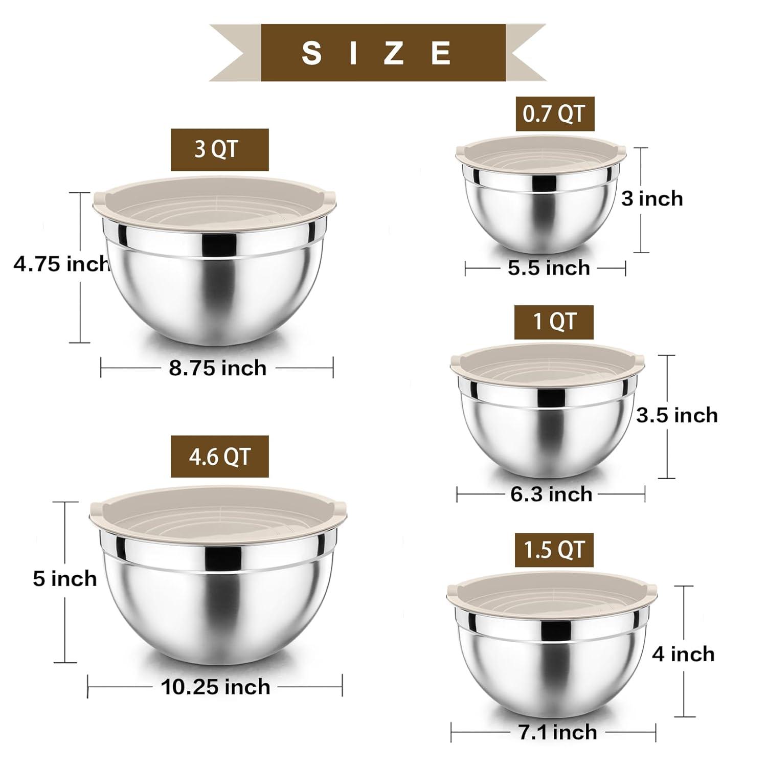 Toledo Bath & Kitchen Stainless Steel Mixing Bowls With Lids, 5-Pack Metal Nesting Bowls With Airtight Covers For Cooking, Baking, Serving, Storage, Non-Toxic & Dishwasher Safe, Size 4.6/3/1.5/1/0.7QT - Khaki