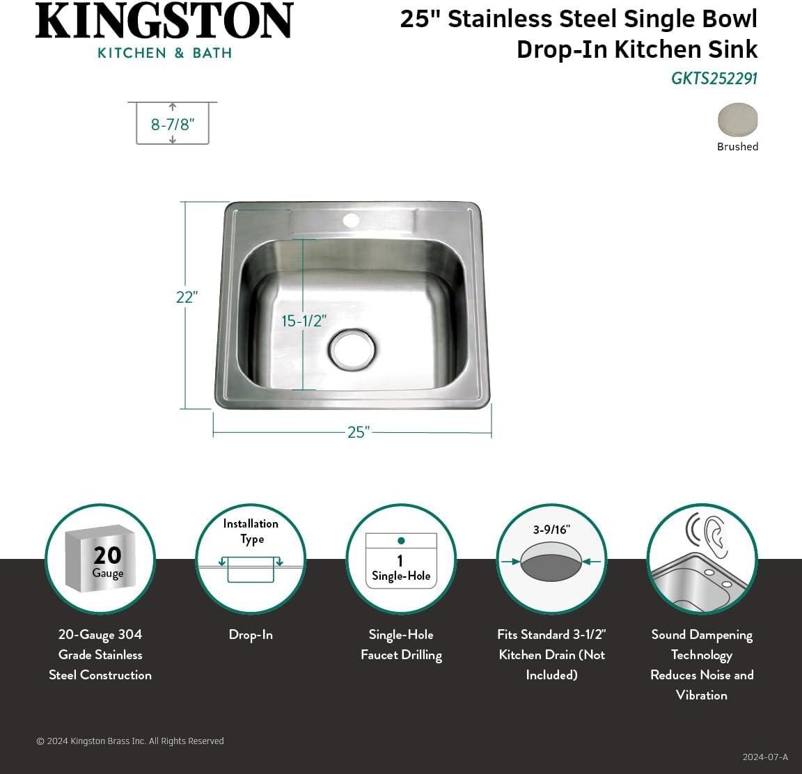 Kingston Brass Studio 25-Inch Stainless Steel Self-Rimming 1-Hole Single Bowl Drop-In Kitchen Sink