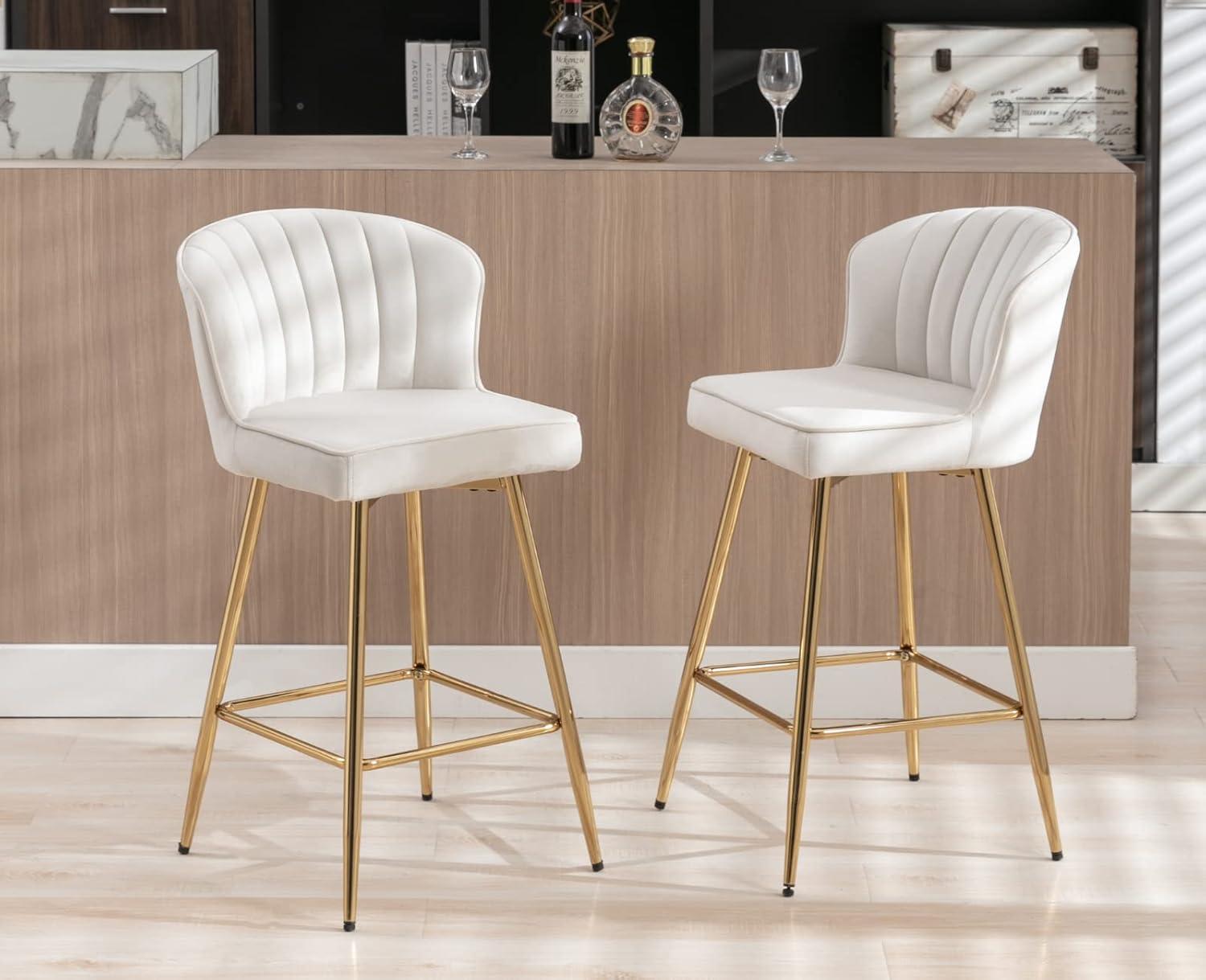 Counter Height Stools Set of 2, Velvet Bar Stools with 27 Inches Upholstered Seat Height, Handmade Woven Back Armrest, Sturdy Golden Metal Legs for Home Dining Pub Kitchen Island, Beige