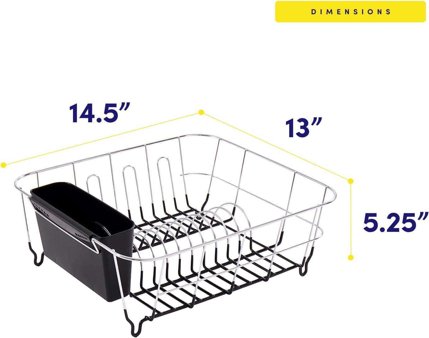 Compact Black and Chrome Dish Drying Rack with Utensil Cup