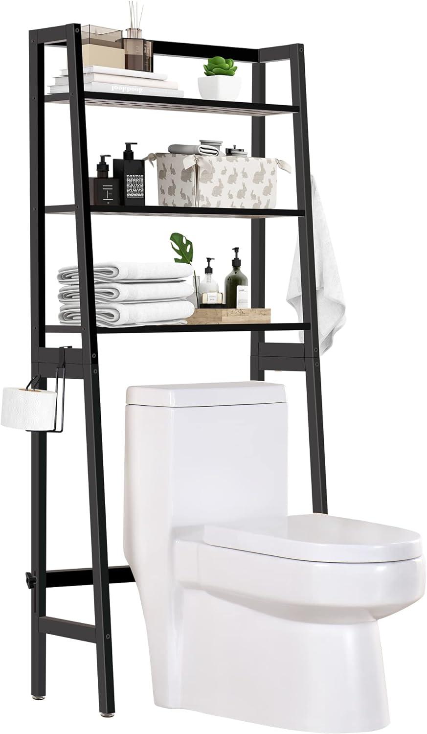 Over The Toilet Storage, Wooden 3-Tier Over-The-Toilet Rack Bathroom Space Saver Organizer, Freestanding Above Toilet Stand with Toilet Paper Holder and Towel Hook(White)