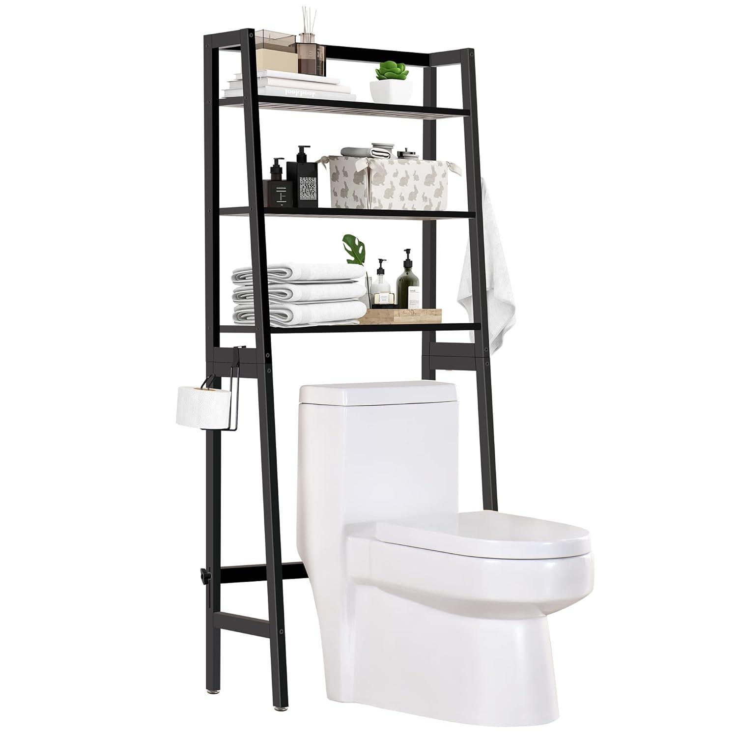 Over The Toilet Storage, Wooden 3-Tier Over-The-Toilet Rack Bathroom Space Saver Organizer, Freestanding Above Toilet Stand with Toilet Paper Holder and Towel Hook(White)