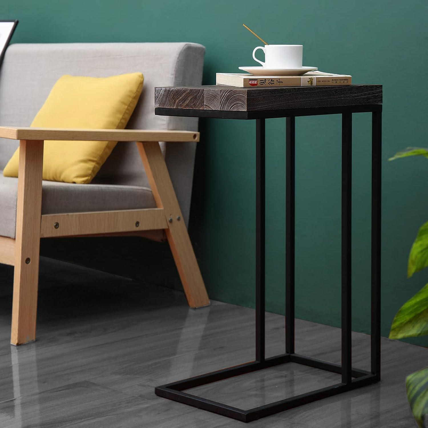 Breeze Casual C Shaped End Table Metal Frame Rustic Brown - Proman Products: Slide Under Sofa, Snack & Lamp Stand