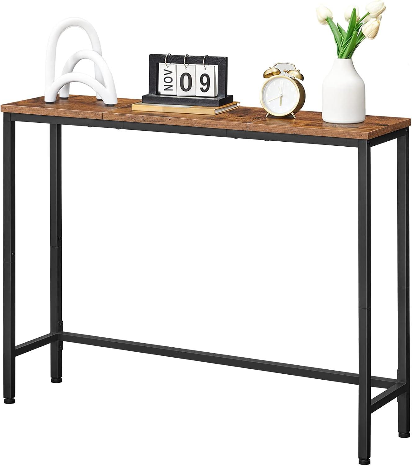 Rustic Brown and Black Wood Metal Console Table with Storage