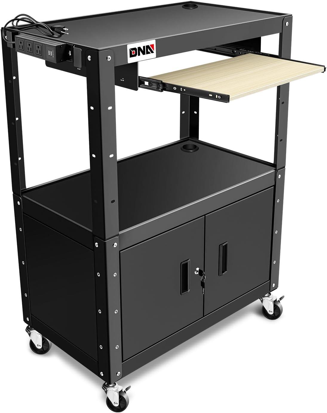 DNA Motoring TOOLS-00293 Universal 22''-42'' Height Adjustable Media Rolling AV Cart With Power Strip + 2 Locking Casters