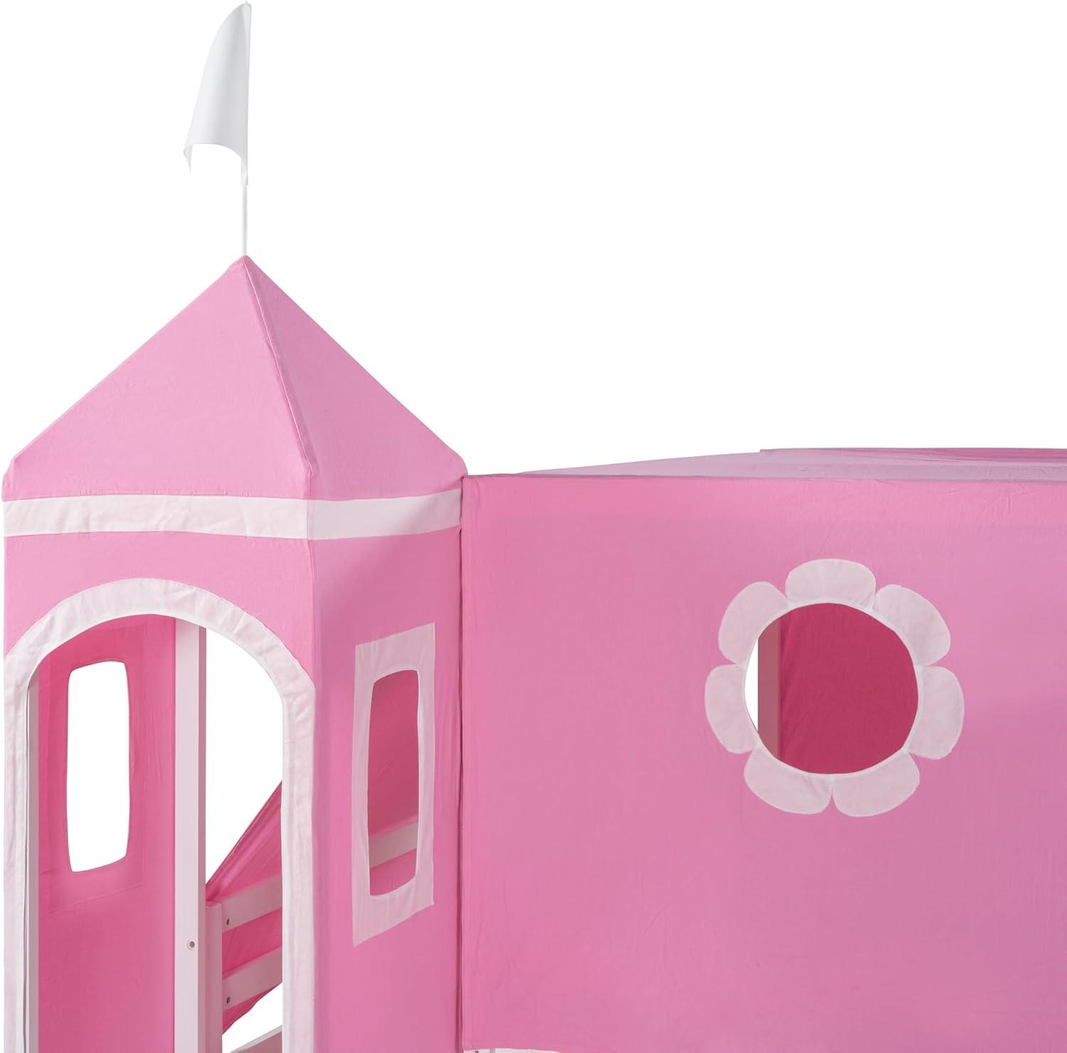 Polibi Full Size Castle Loft Bed with Slide & Pink Tent and Tower, Playhouse Design Spacious Under Bed Space with Curtains, Wood Tent Bed Frame for Kids Boys Girls