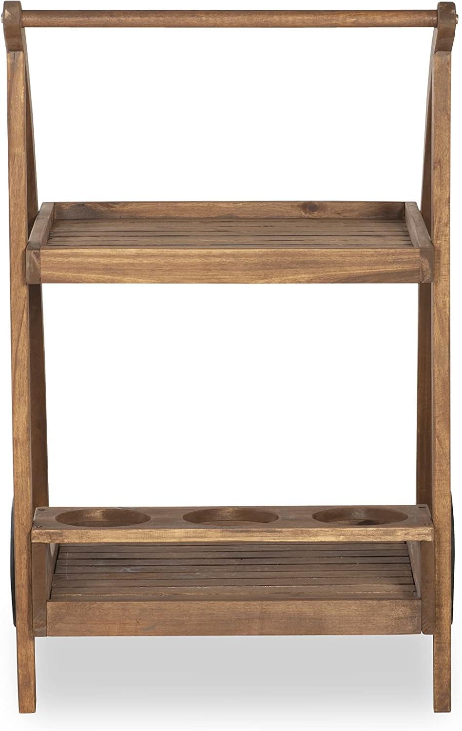 Linon Chandler Acorn Finished Acacia Wood Outdoor Bar Trolley with Three Bottle Glass Holders