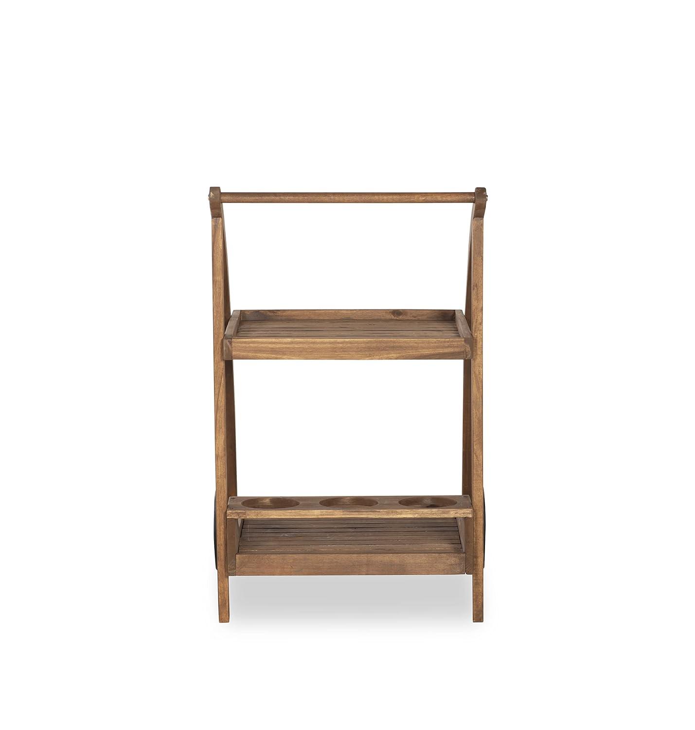 Linon Chandler Acorn Finished Acacia Wood Outdoor Bar Trolley with Three Bottle Glass Holders