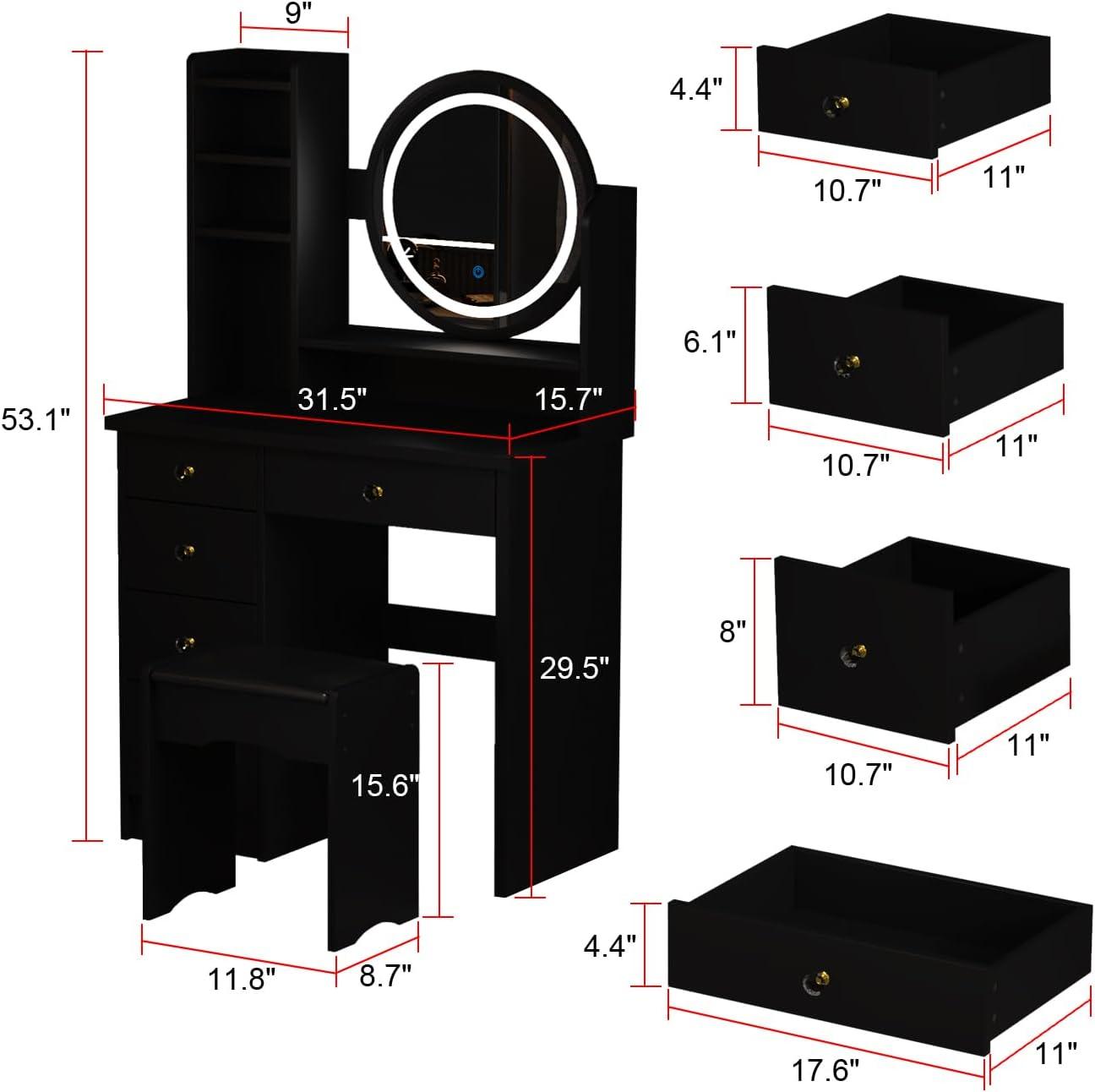 FUFU&GAGA Black Vanity Set with Round Lighted Mirror, Makeup Vanity Dressing Table with 5 Drawers, Shelves, Dresser Desk and Cushioned Stool