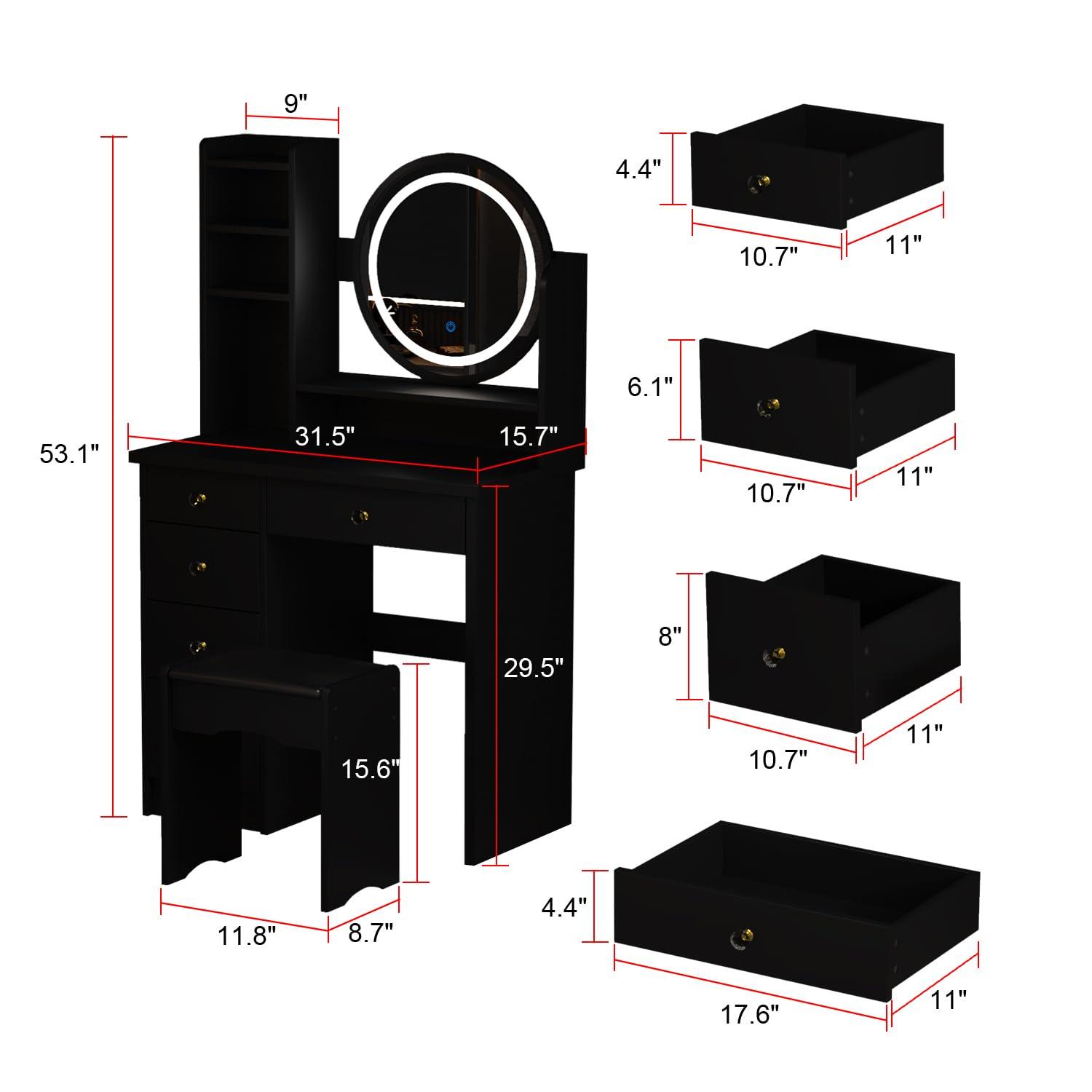 FUFU&GAGA Black Vanity Set with Round Lighted Mirror, Makeup Vanity Dressing Table with 5 Drawers, Shelves, Dresser Desk and Cushioned Stool