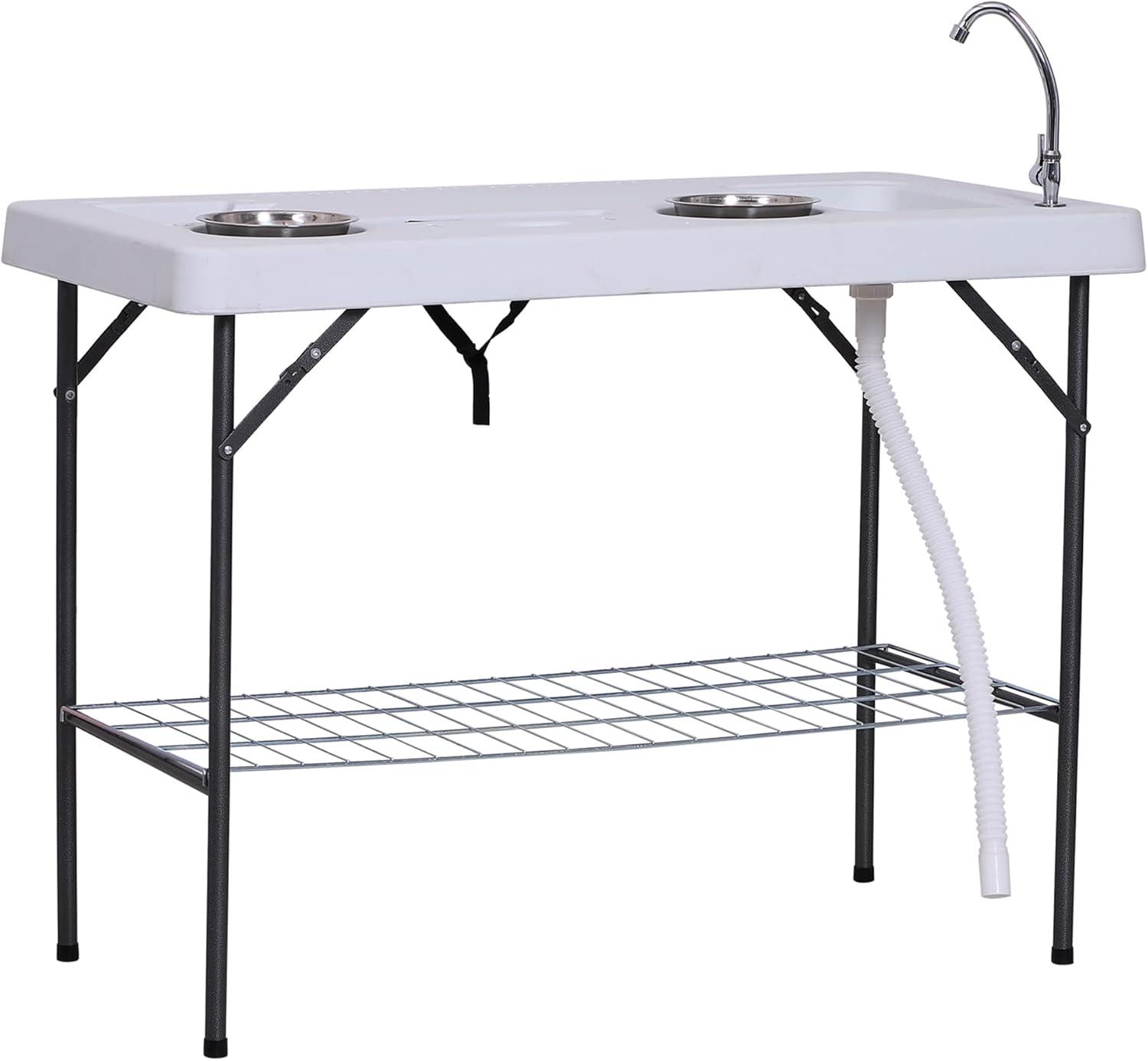 Outsunny Portable Folding Camping Table with Sink, Faucet, Dual Stainless Steel Basins, and Accessories for Fish Cleaning, 50"