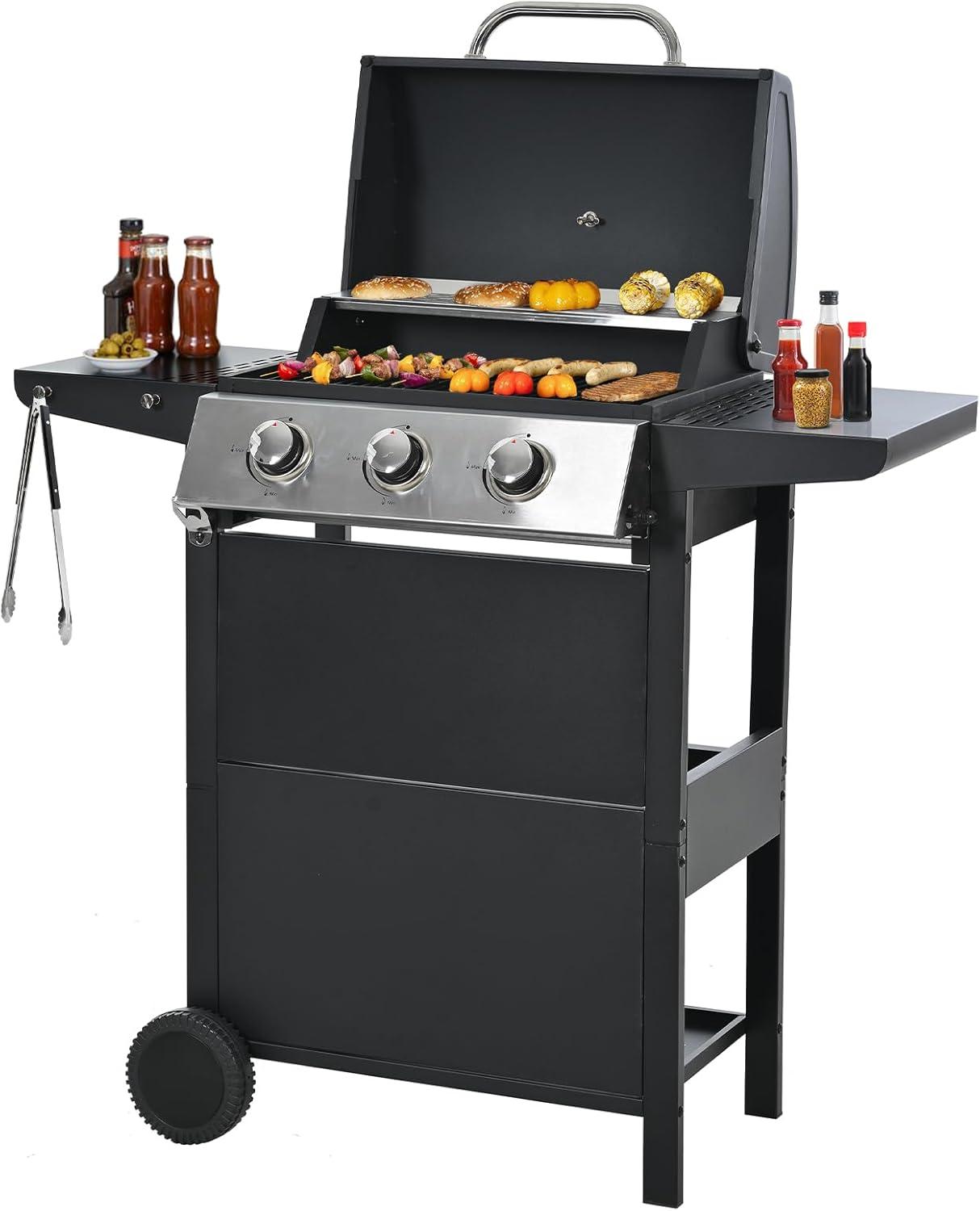 3-Burner Propane Grill with Top Cover Lid, Wheels, Side Tables, Built-in Thermometer, Stainless Ste