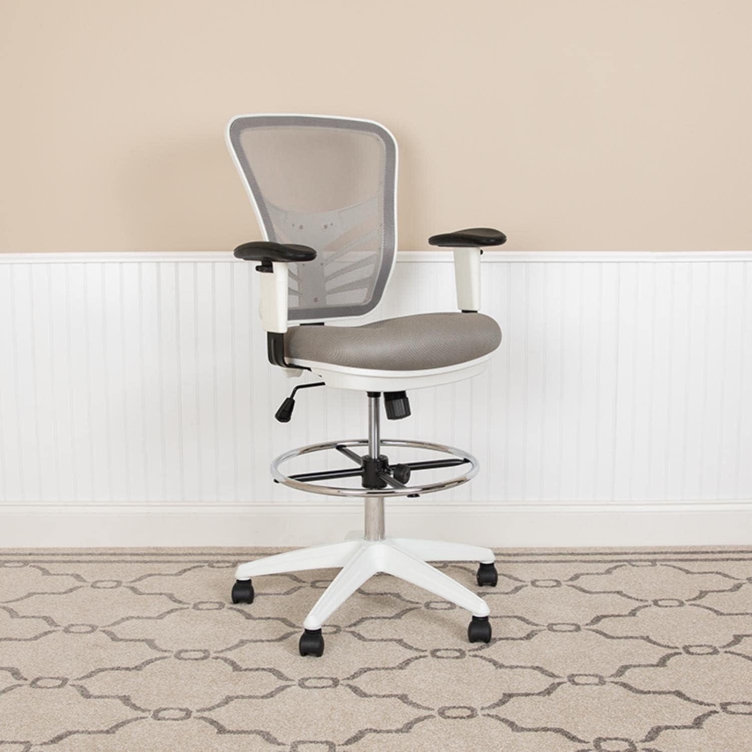 ErgoFlex Light Gray Mesh Drafting Chair with White Frame and Chrome Accents