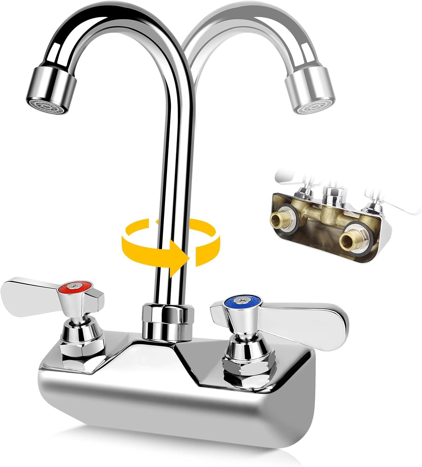 KWODE 4 Inch Center Commercial Hand Sink Faucet with 3-1/2”Gooseneck Spout, Dual Lever Handle Wall Mount Kitchen Sink Faucet, Brass Constructed, Chrome