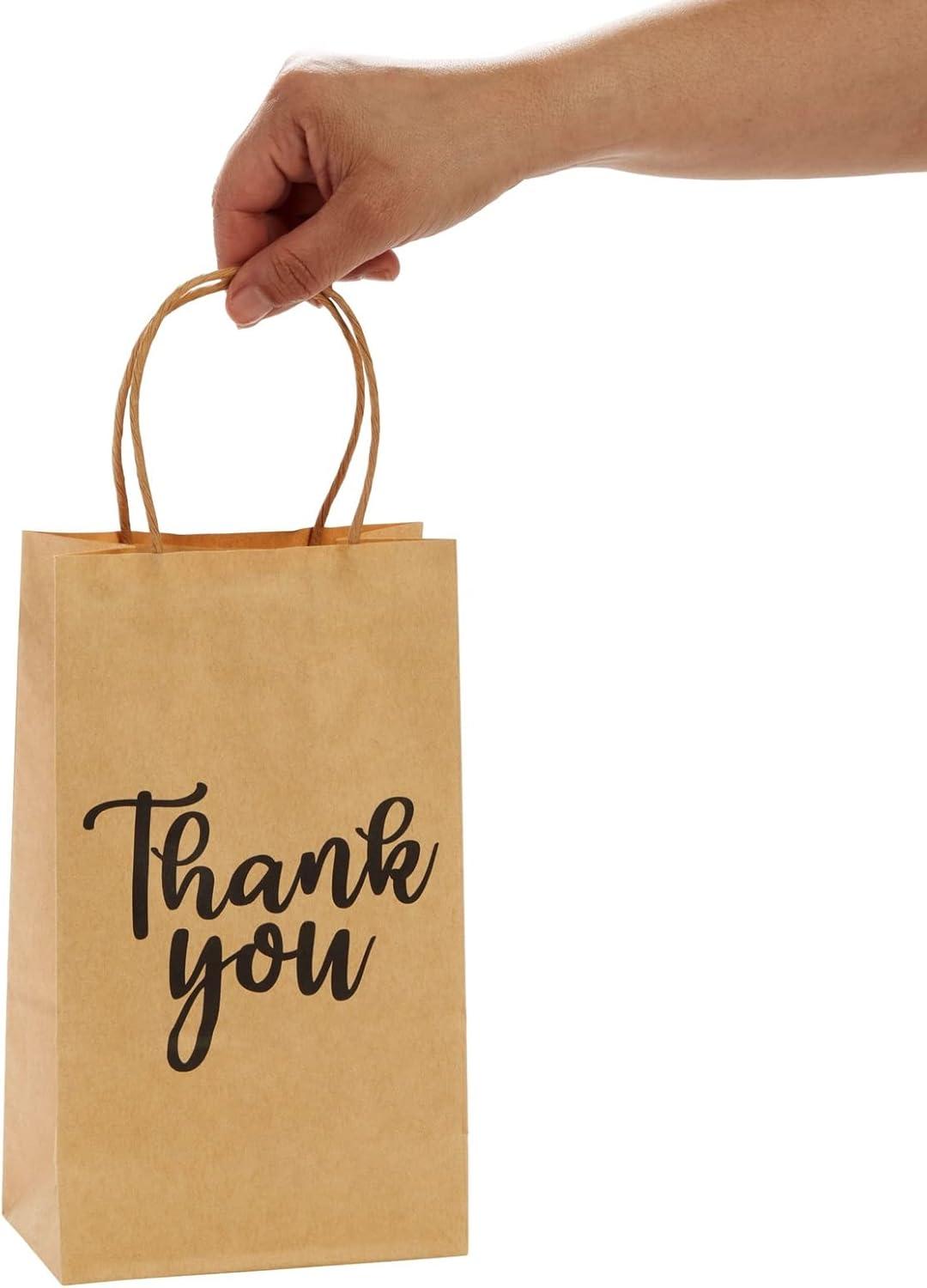 Sparkle and Bash 100-Pack Small Thank You Gift Bags with Handles, Brown Kraft Paper Material Bag Bulk for Wedding Birthday Favor, 9x5.3x3.15 in