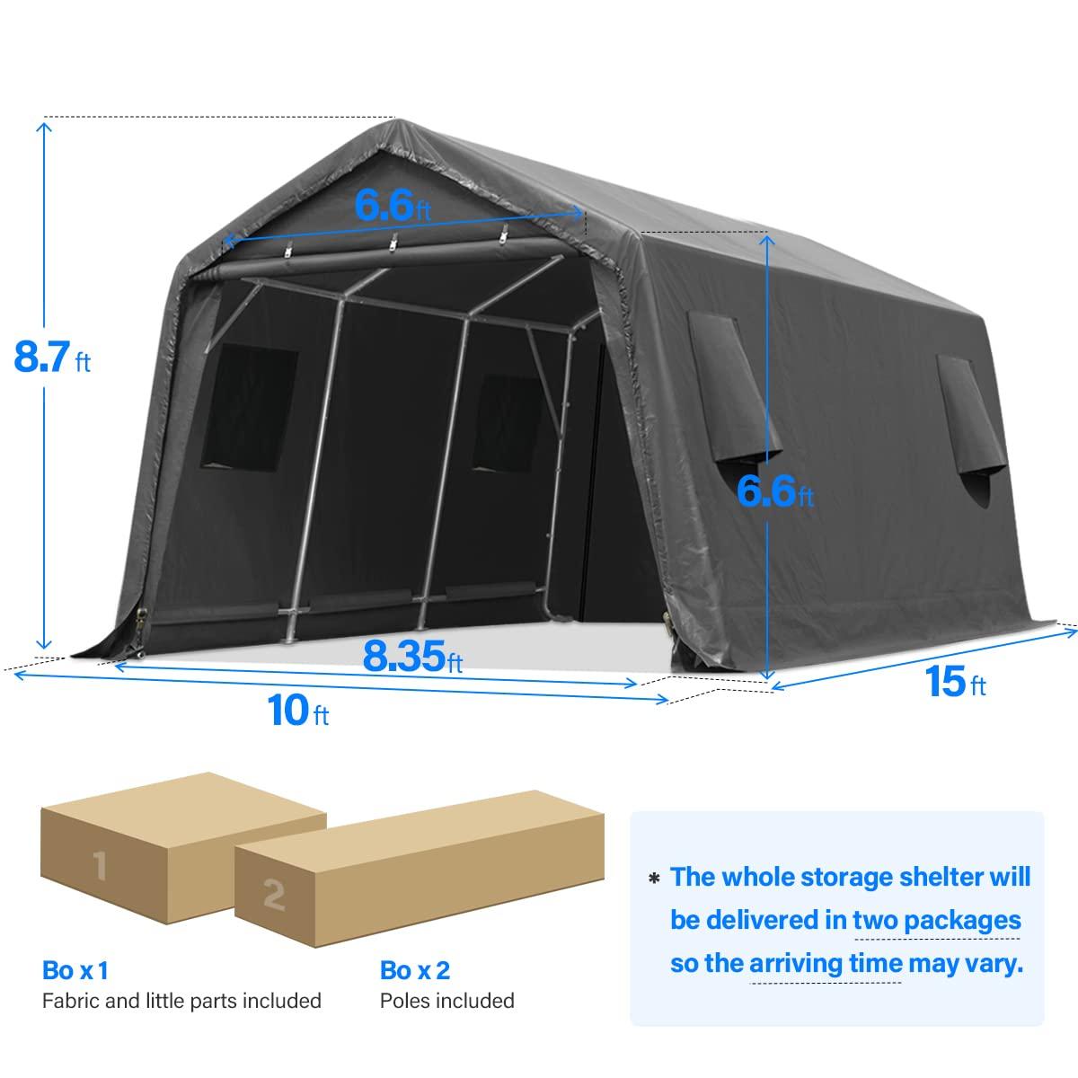 ADVANCE OUTDOOR 10x15 ft Outdoor Storage Shelter Shed with 2 Roll up Zipper Doors & Vents Peak Roof Carport for Motorcycle Waterproof and UV Resistant Anti-Snow, Gray