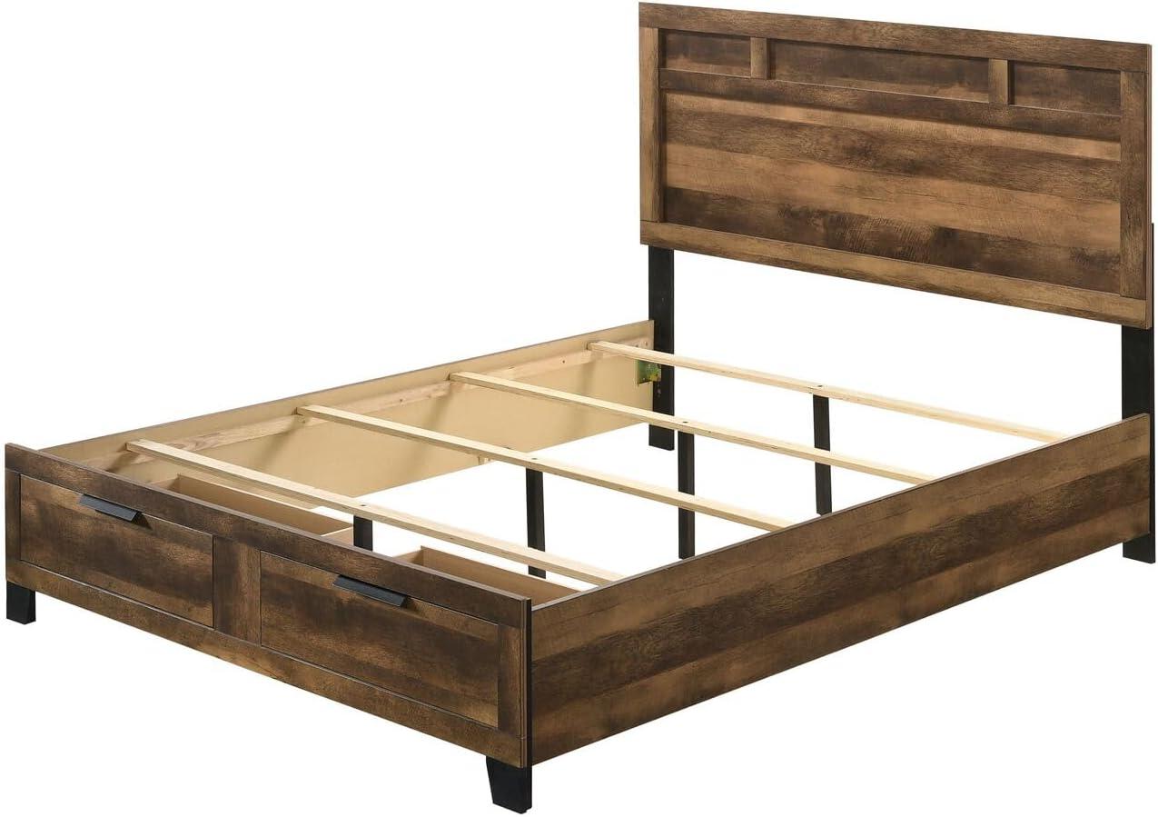 Rustic Oak Queen Storage Bed with 2 Drawers and Wood Headboard