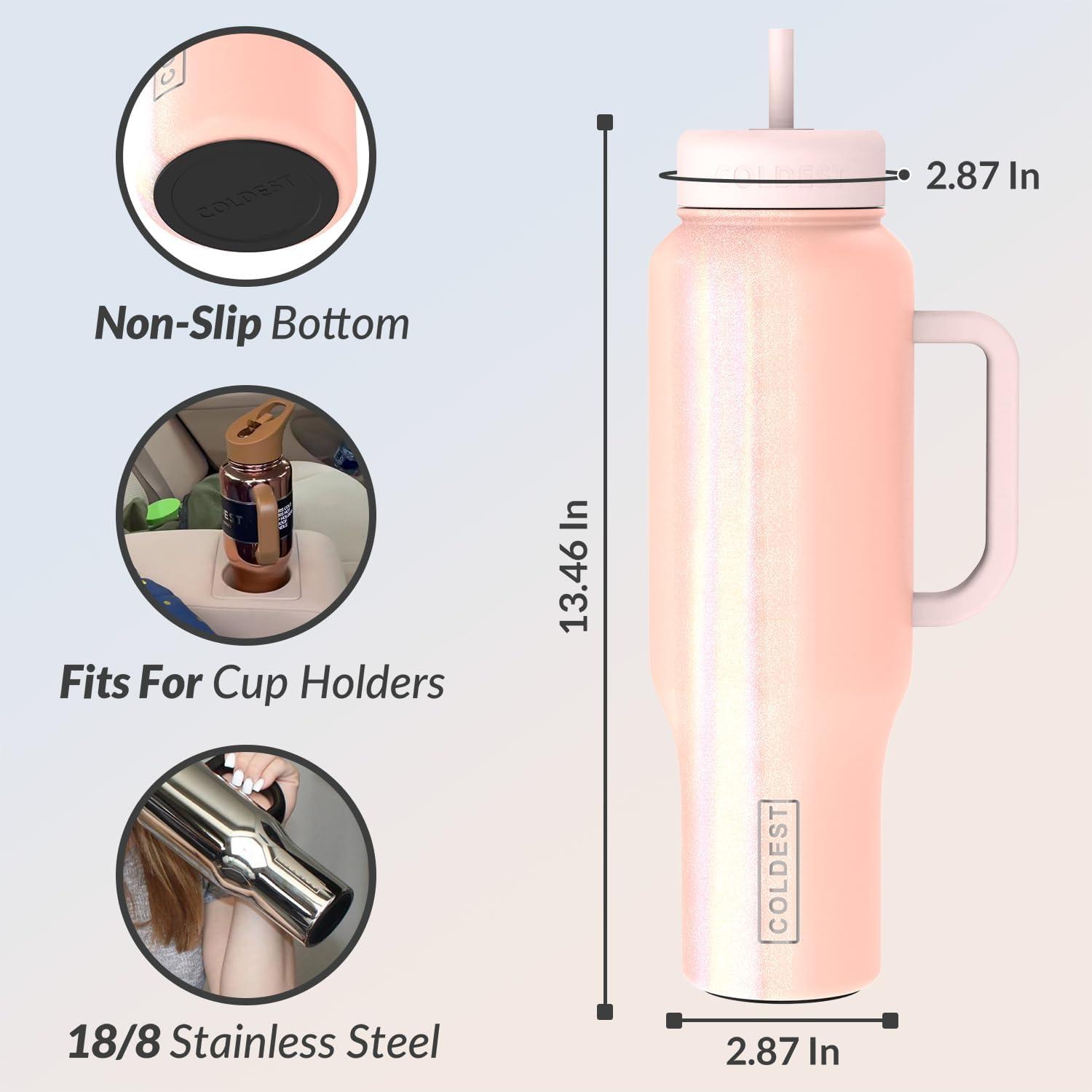 Coldest 40 oz Tumbler with Handle and Straw, 100% Spill Proof Tumbler with Straw (3 Lids), Stainless Steel Insulated Leakproof Tumblers for Women Men, Cup Holder Friendly, 46 oz (Forever Pink Glitter)